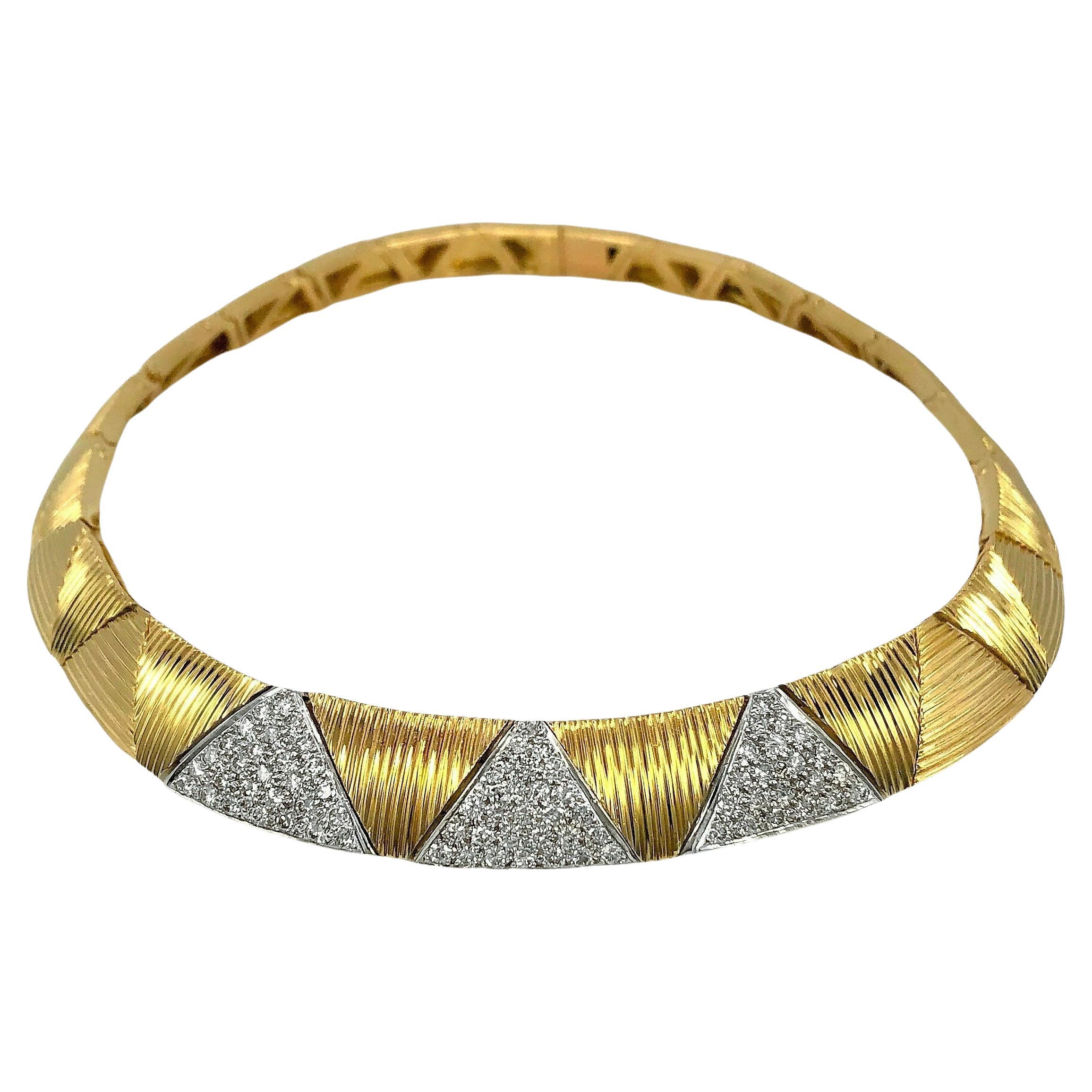 1960's 18K Yellow Gold Italian Triangle Motif Diamond Choker Necklace For Sale