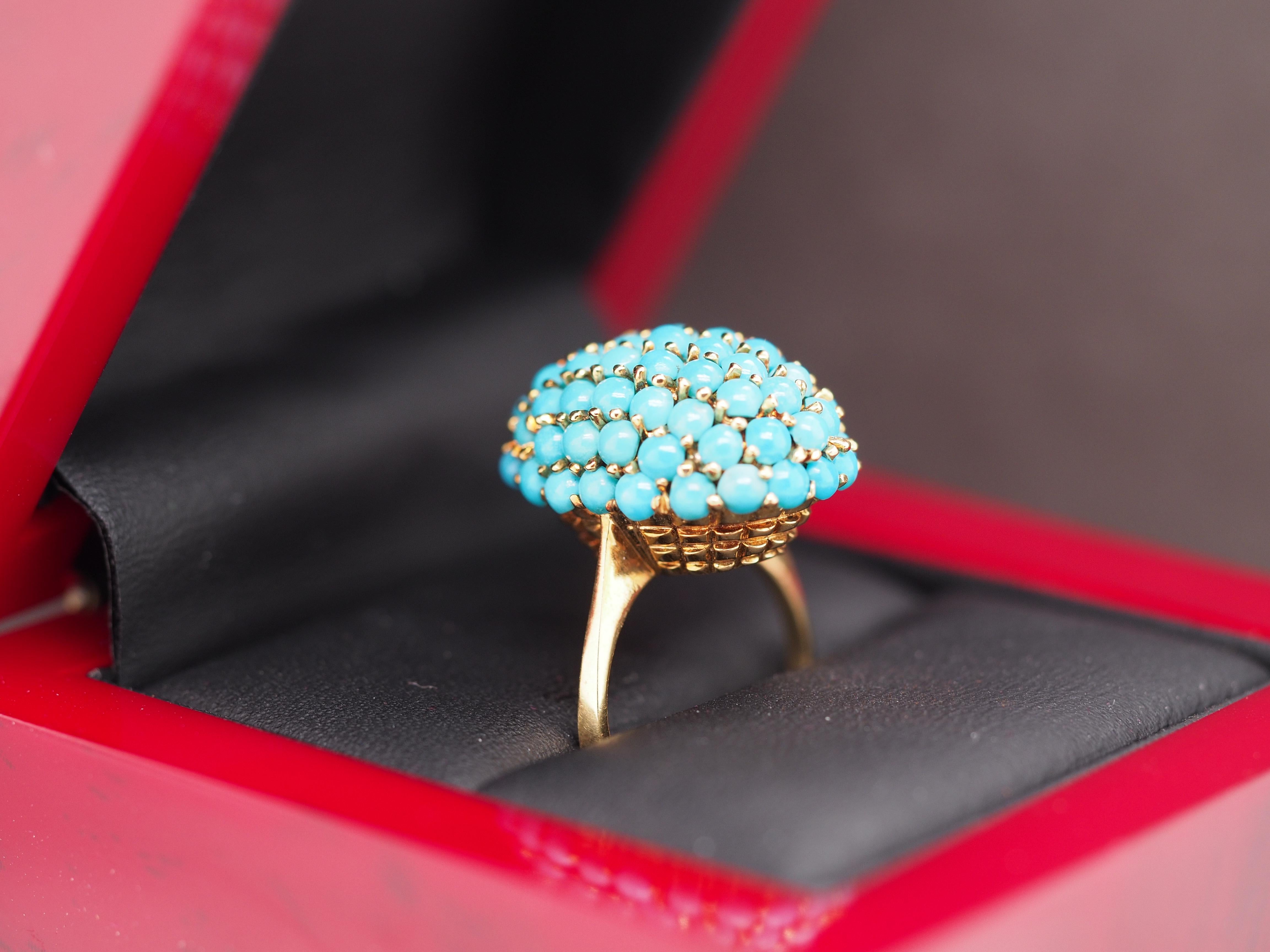 1960s 18K Yellow Gold Turquoise Nantucket Basket Ring For Sale 1