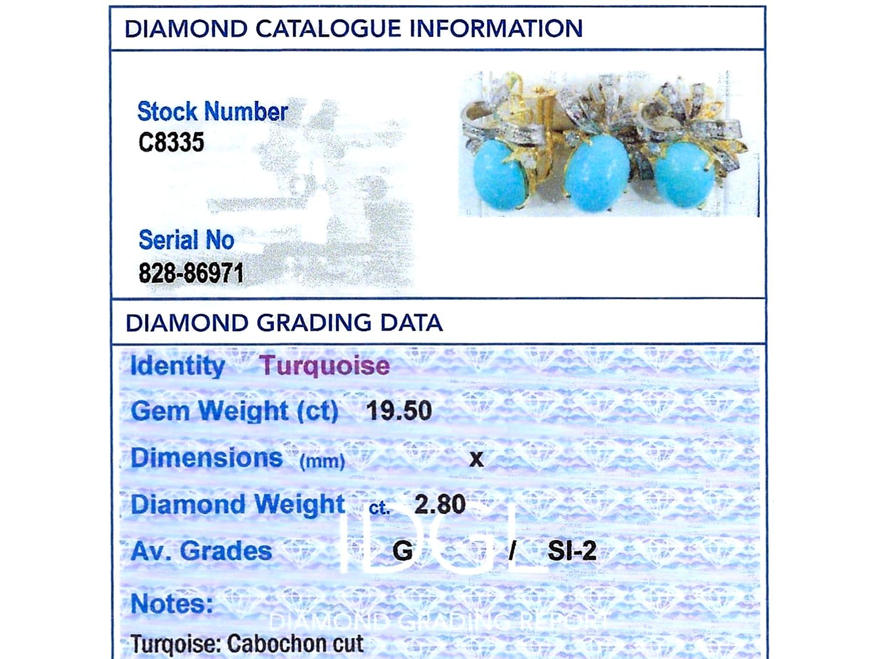 1960s 19.50 Carat Turquoise 2.80 Carat Diamond and 18k Yellow Gold Jewellery Set 8