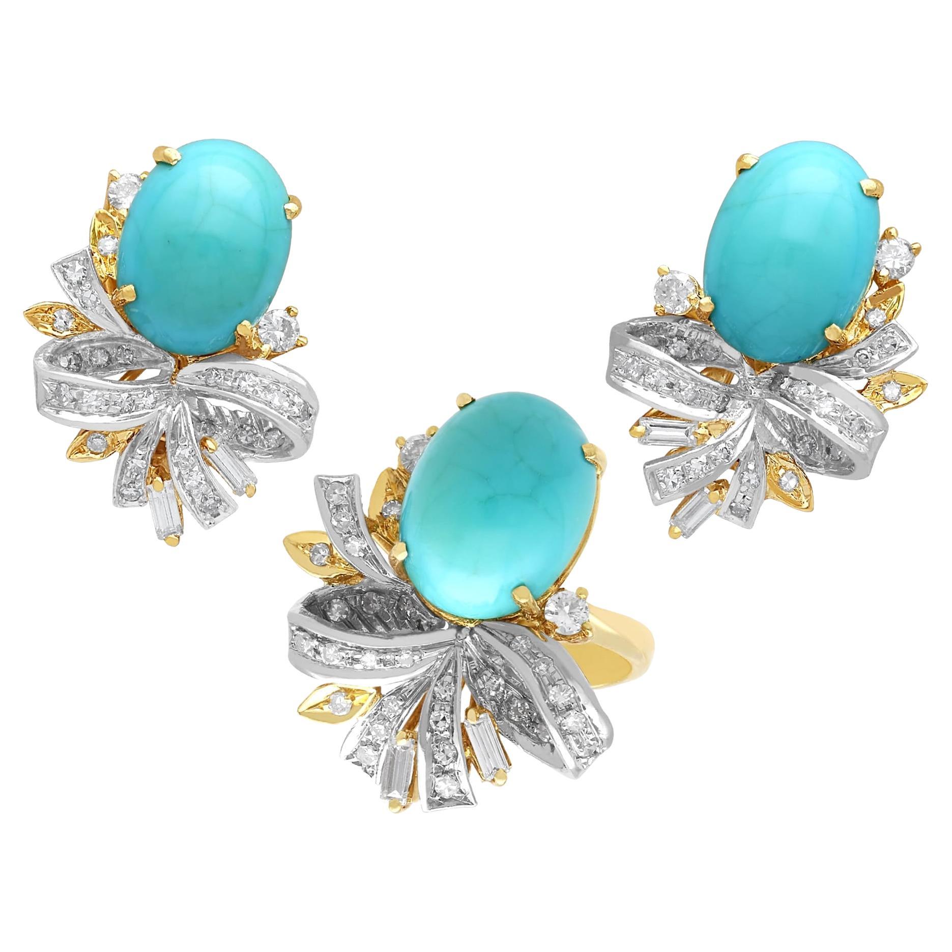 1960s 19.50 Carat Turquoise 2.80 Carat Diamond and 18k Yellow Gold Jewellery Set