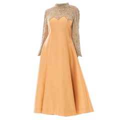 1960S Peach Silk Blend Radzimir Sleeved Gown With Silver 
Gold Beading