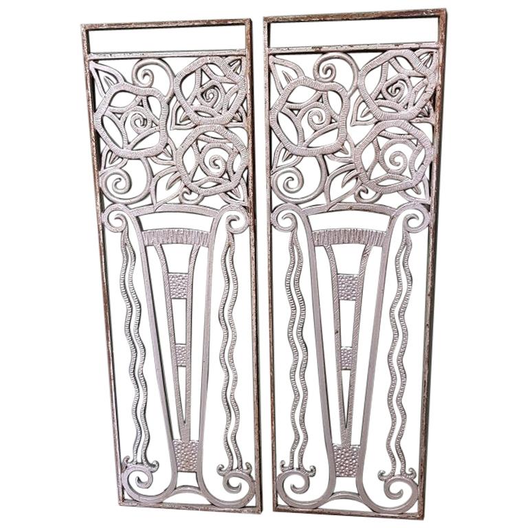 1960s-1970s 2 French Cast Iron Door Fences with Vases and Flowers