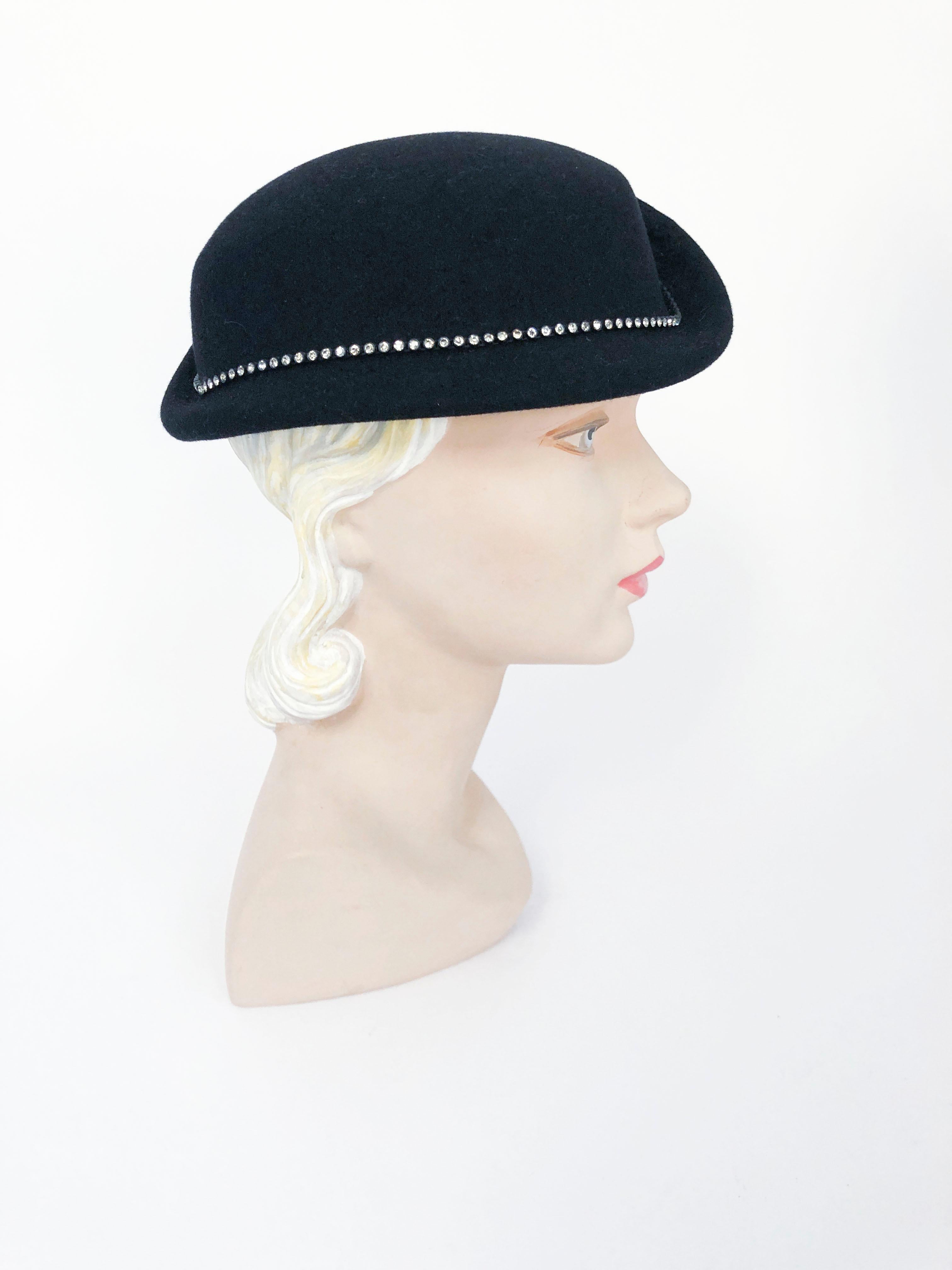 1960s/1970s Black Fur Felt Hat with Rhinestone Accents In Good Condition In San Francisco, CA