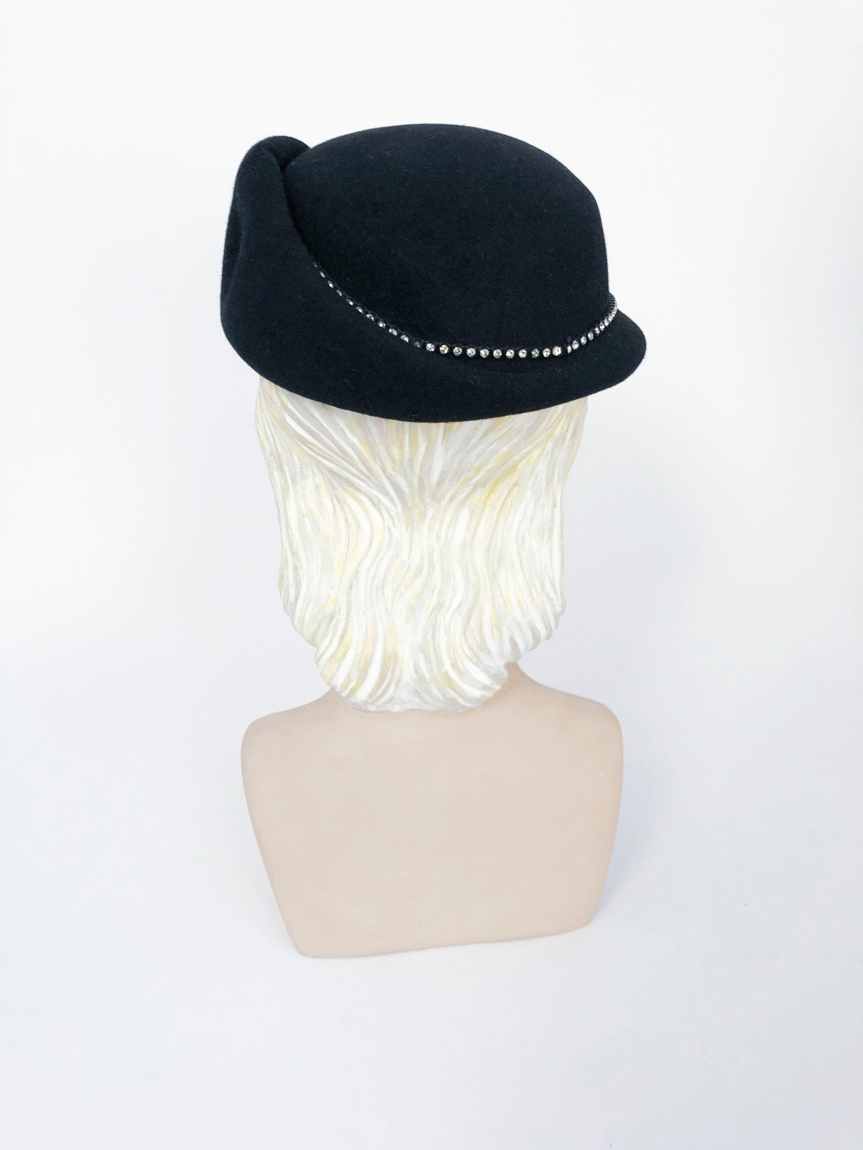 Women's 1960s/1970s Black Fur Felt Hat with Rhinestone Accents