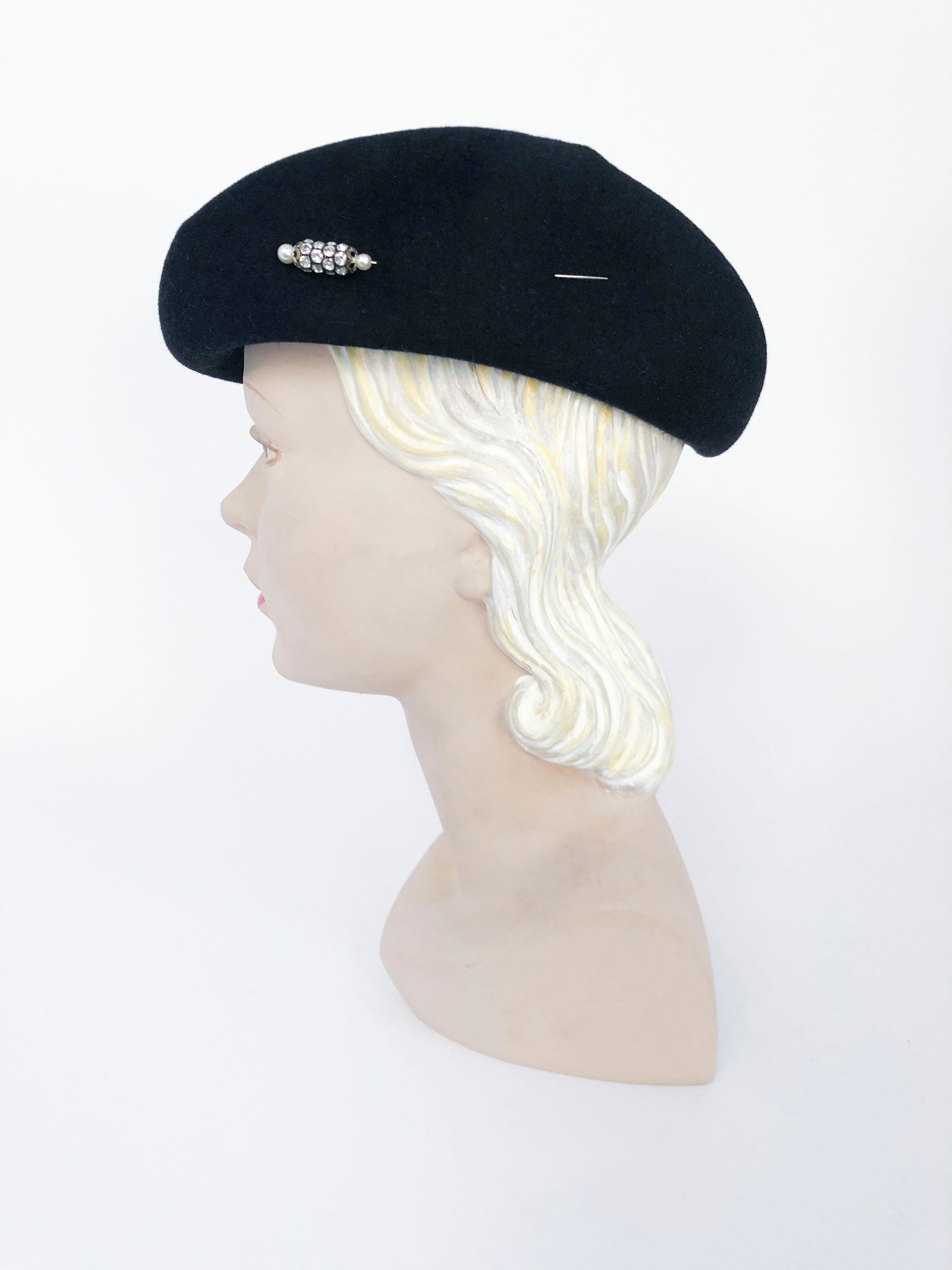 1960s/1970s Black Fur Felt Hat with Rhinestone Accents 1