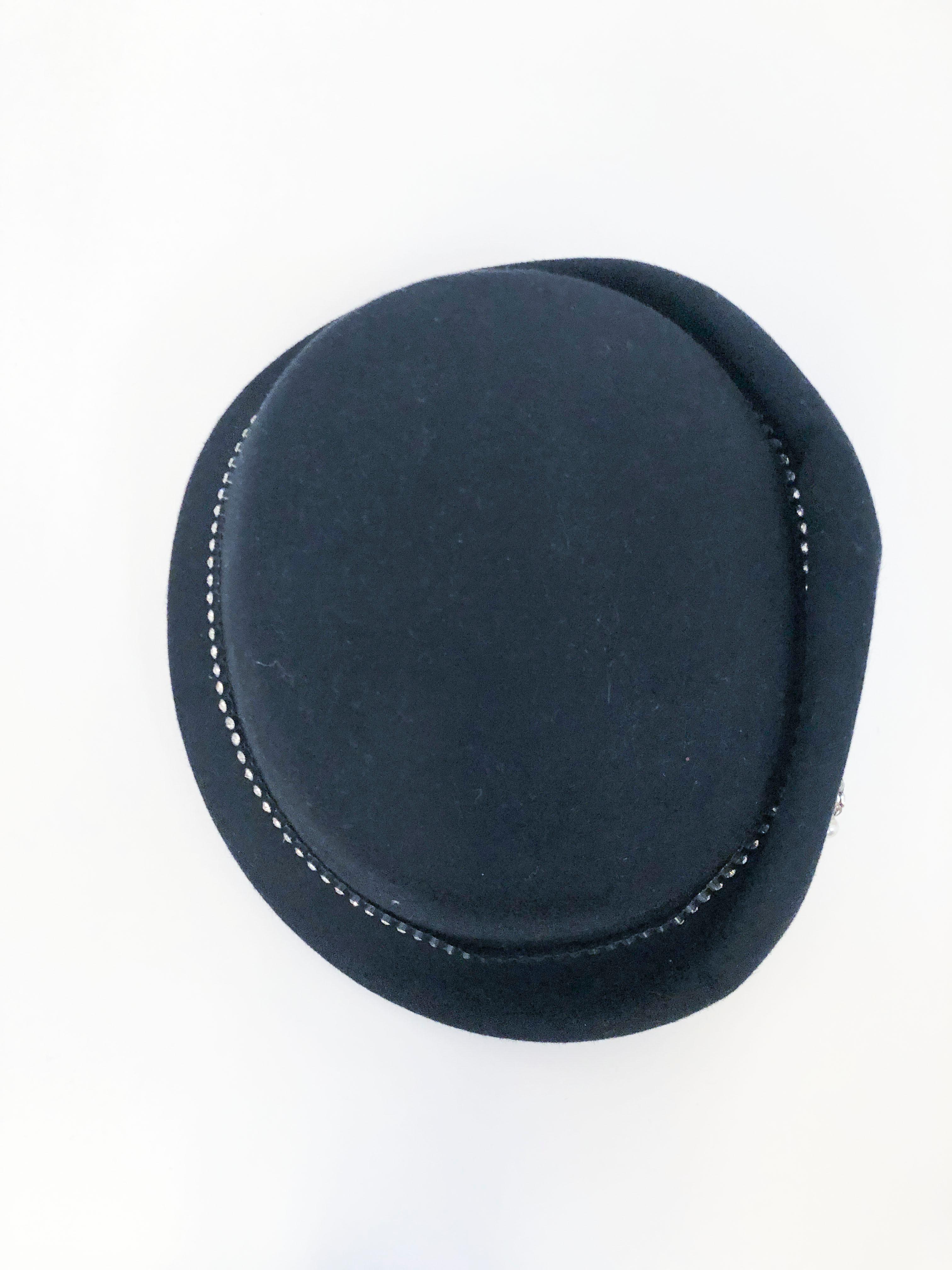 1960s/1970s Black Fur Felt Hat with Rhinestone Accents 2