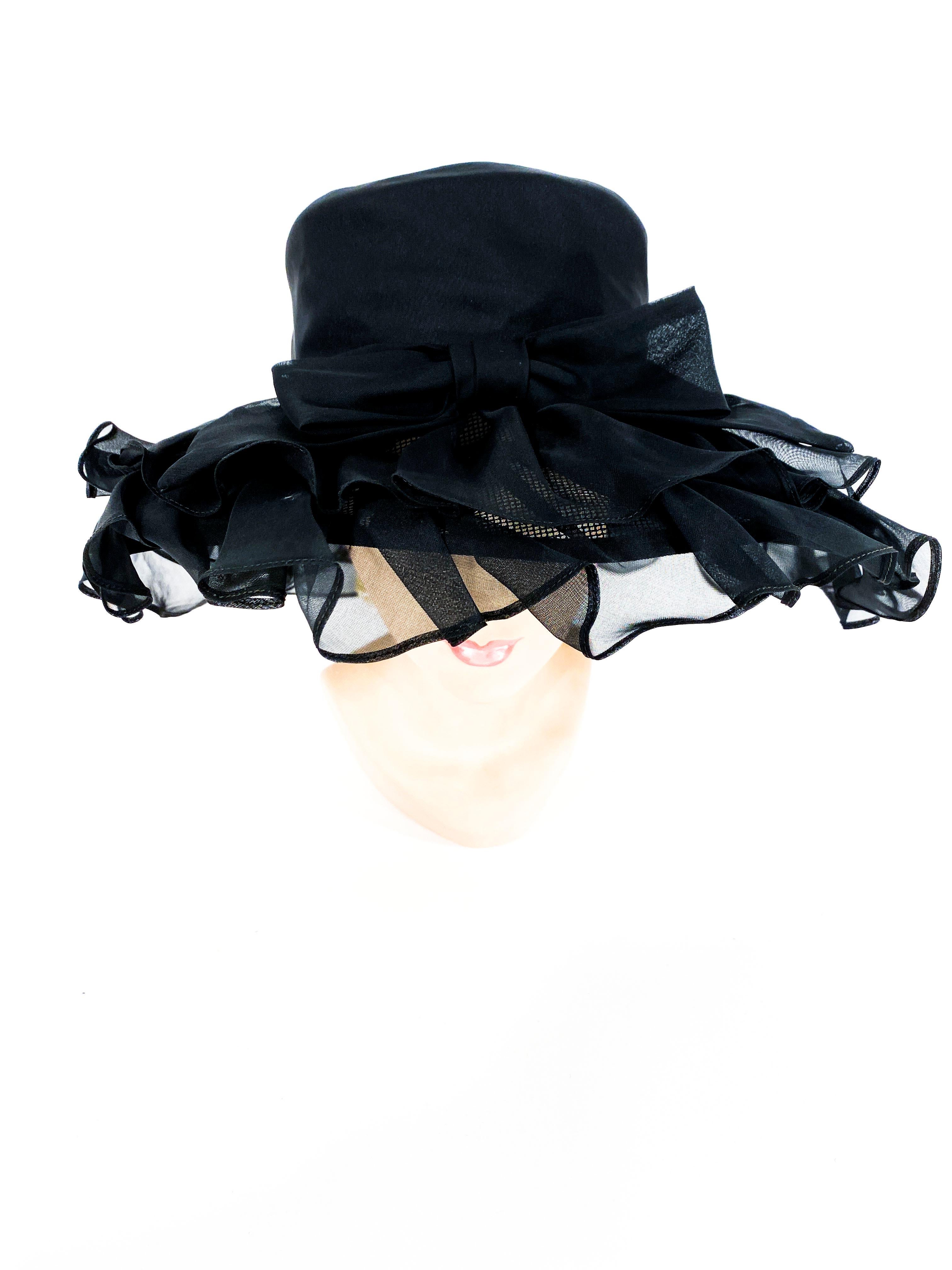 1960s/1970s Black Ruffled Wide Brimmed Hat In Excellent Condition In San Francisco, CA
