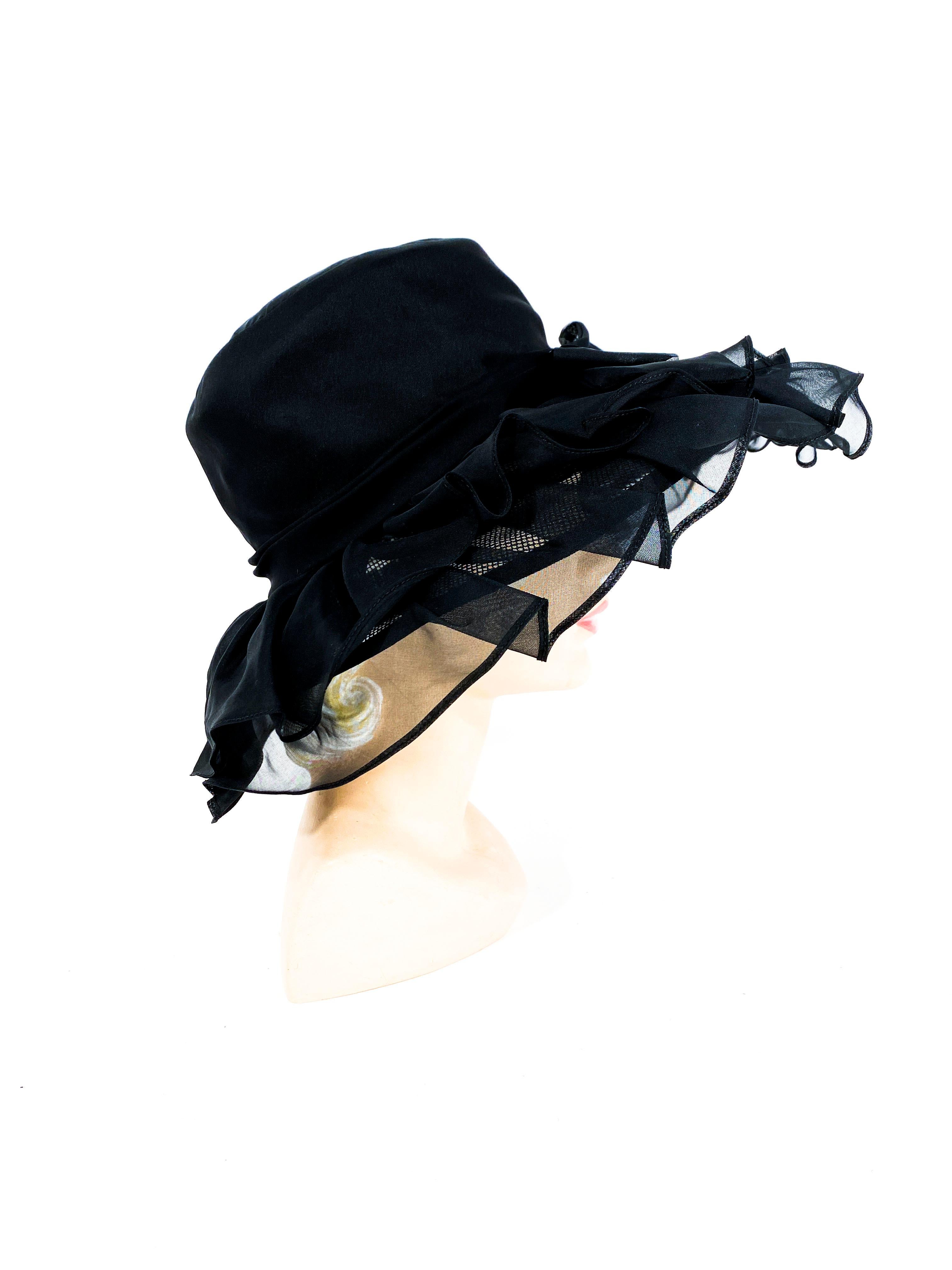 Women's 1960s/1970s Black Ruffled Wide Brimmed Hat
