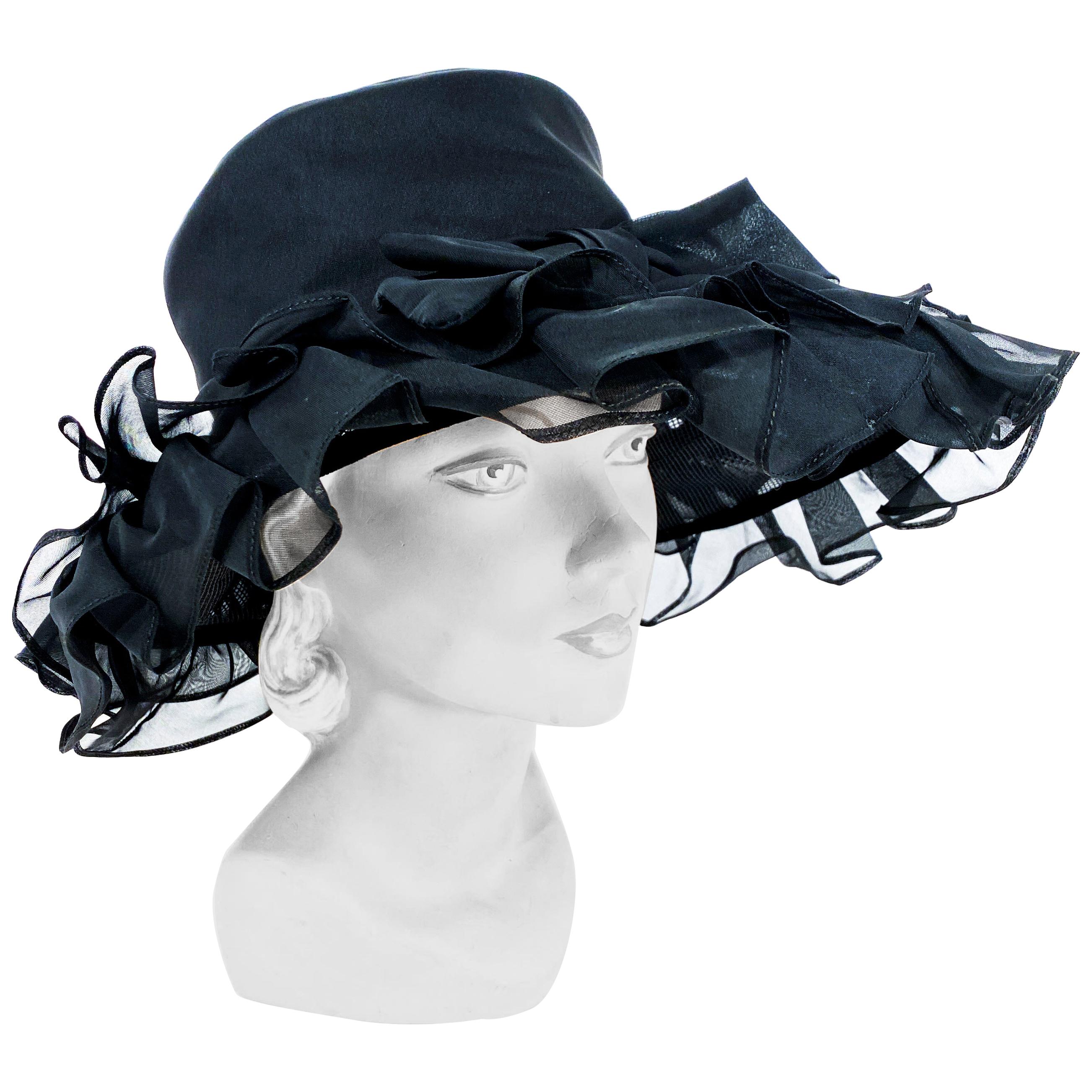 1960s/1970s Black Ruffled Wide Brimmed Hat