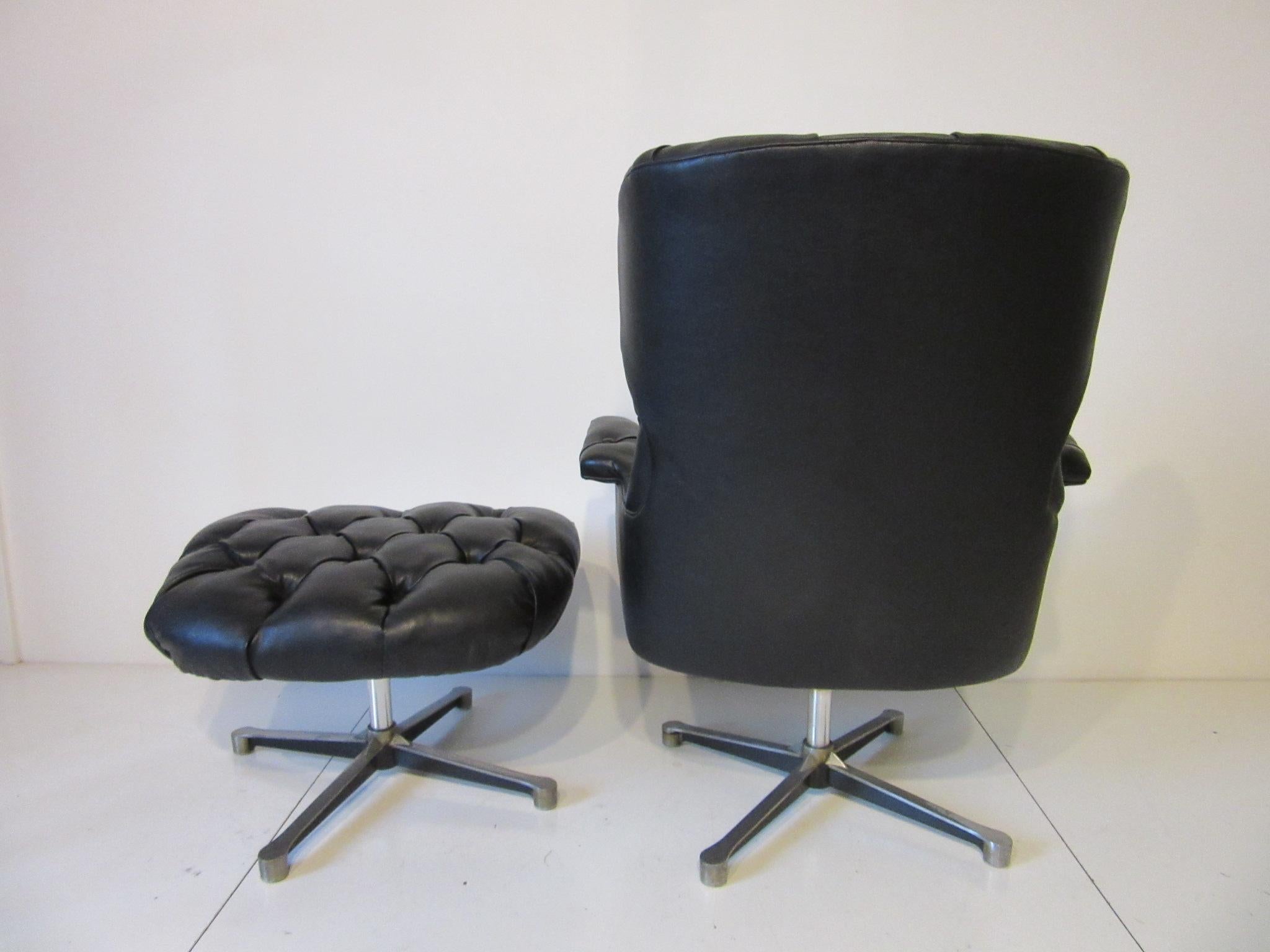 Mid-Century Modern 1960s-1970s Black Tufted Lounge Chair with Ottoman