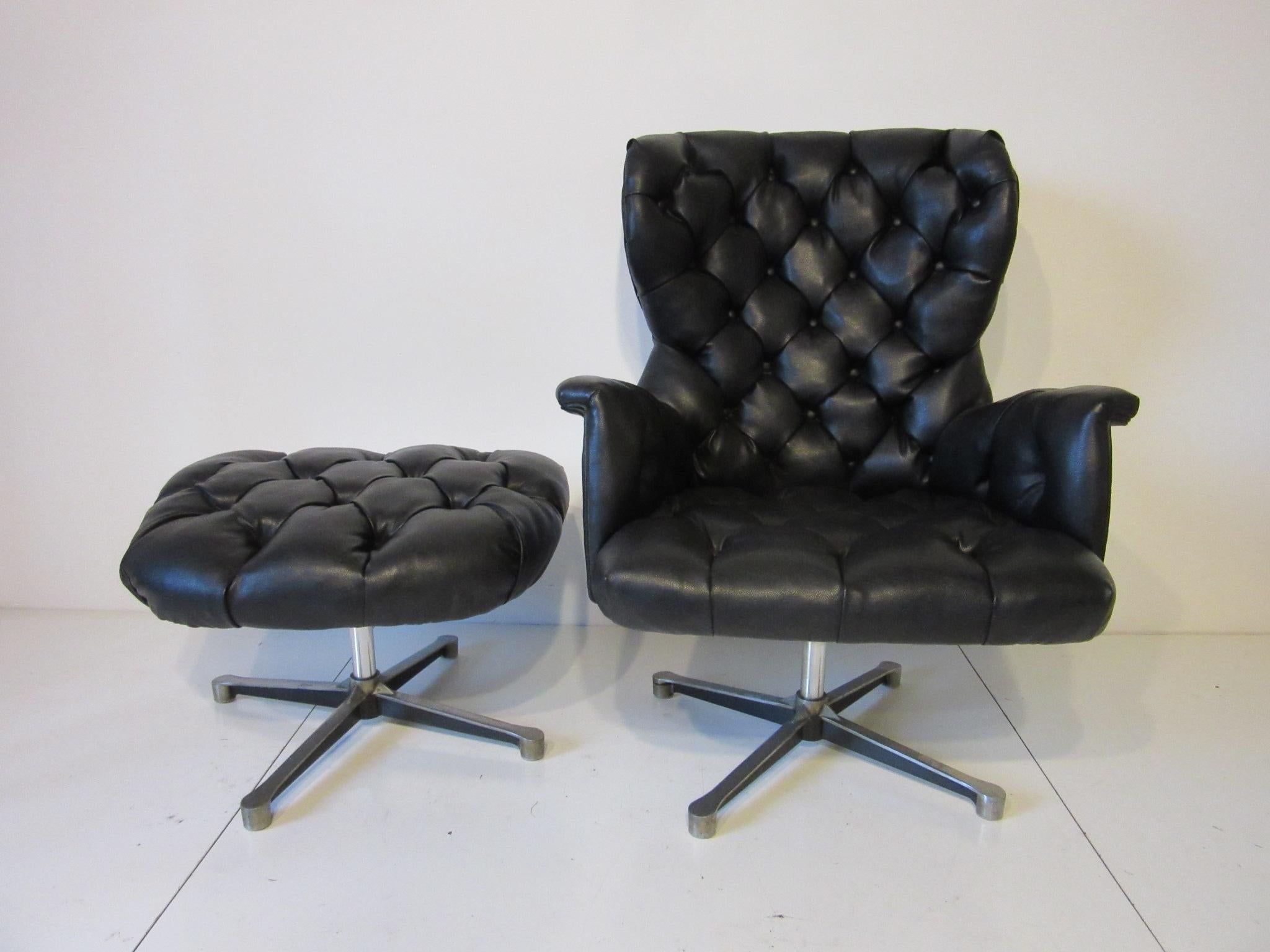 American 1960s-1970s Black Tufted Lounge Chair with Ottoman