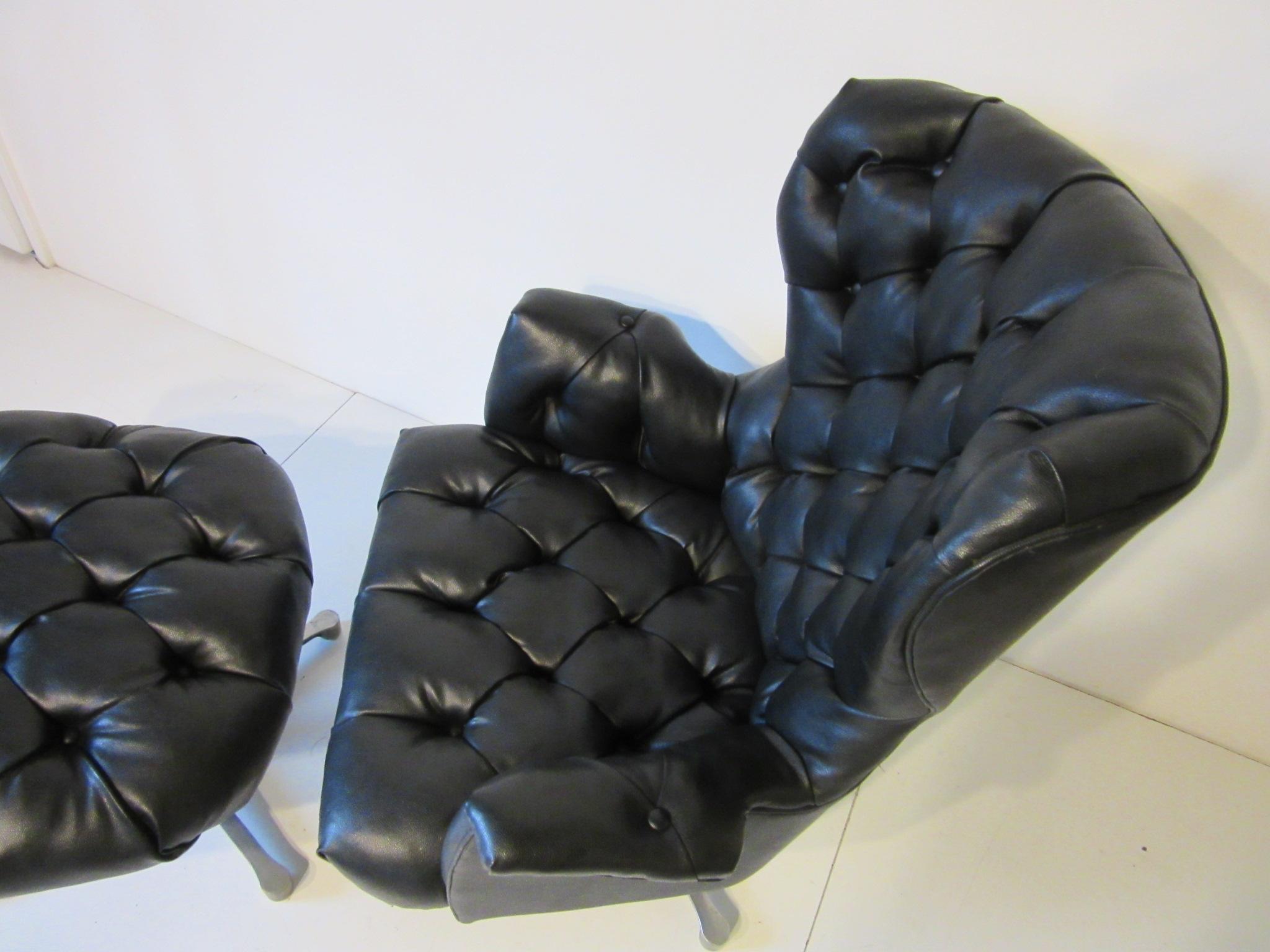 1960s-1970s Black Tufted Lounge Chair with Ottoman 1