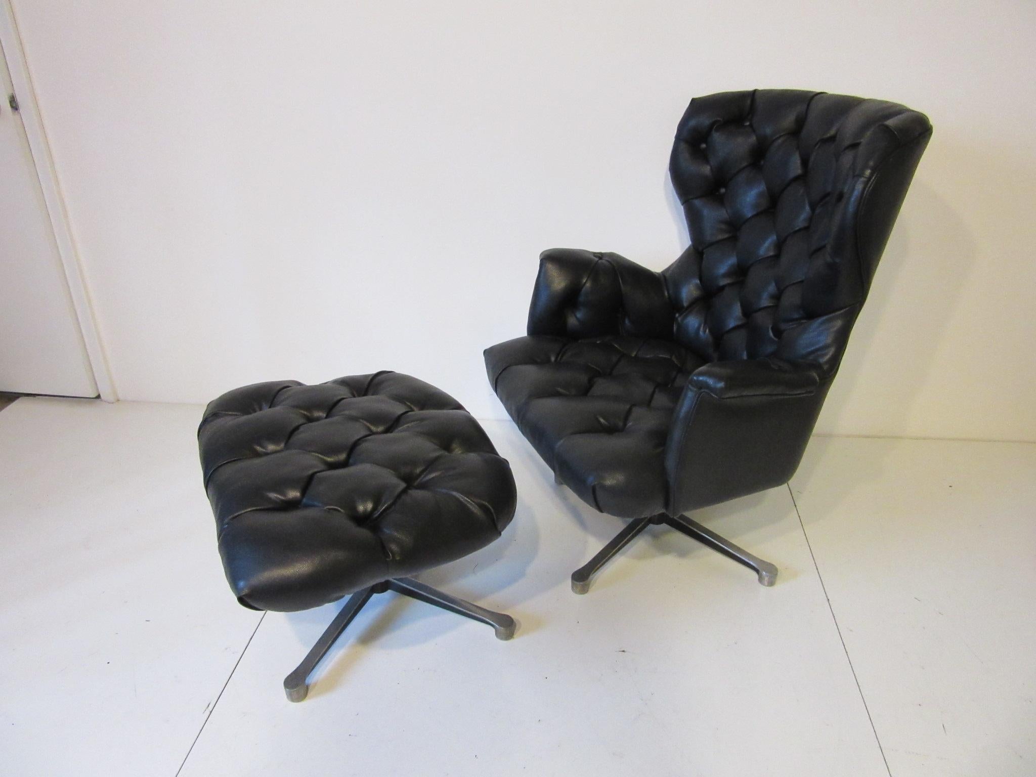 1960s-1970s Black Tufted Lounge Chair with Ottoman 3