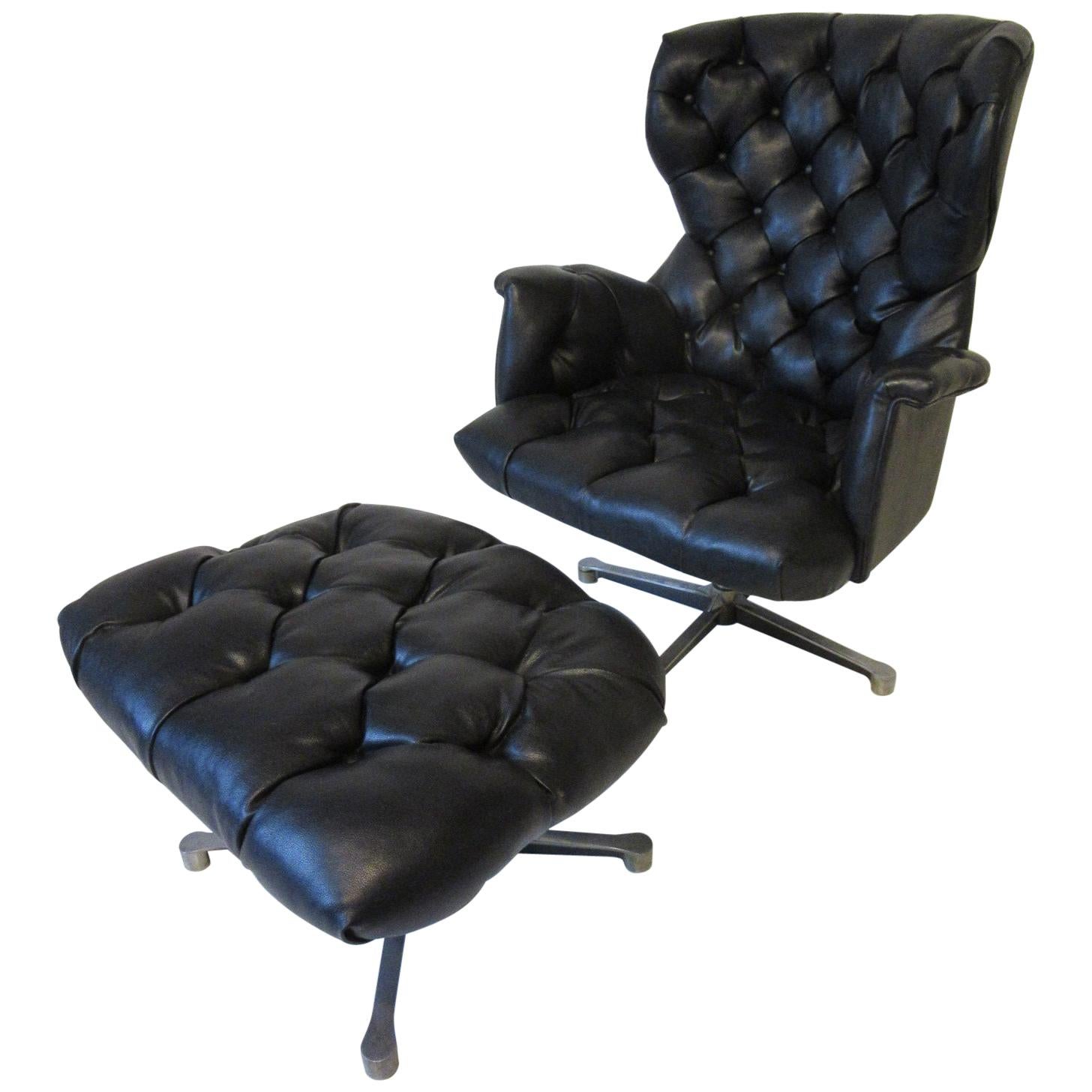 1960s-1970s Black Tufted Lounge Chair with Ottoman