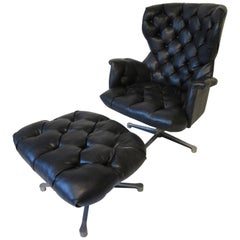 Vintage 1960s-1970s Black Tufted Lounge Chair with Ottoman