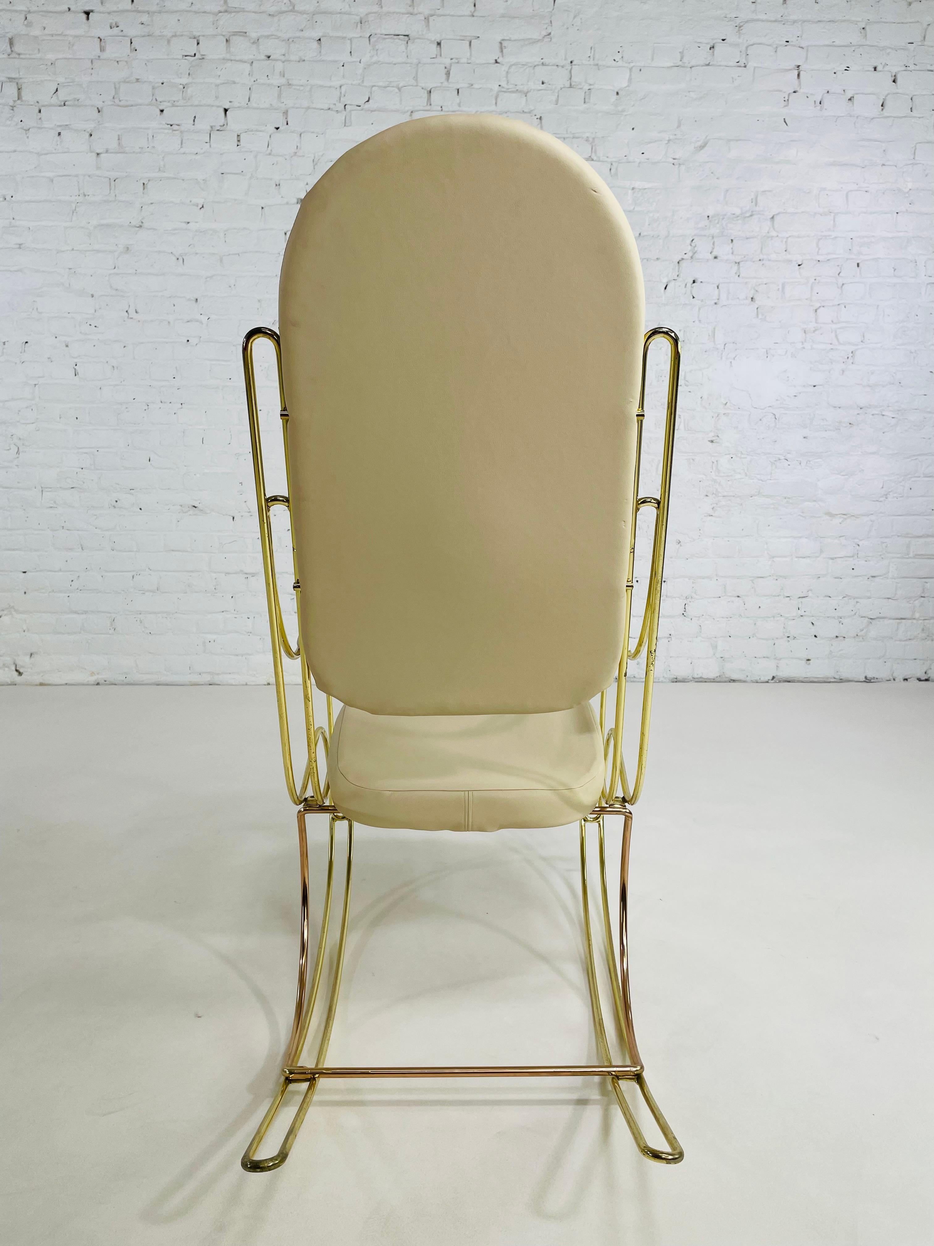 1960s-1970s Brass And Beige Faux Leather Rocking Chair For Sale 4