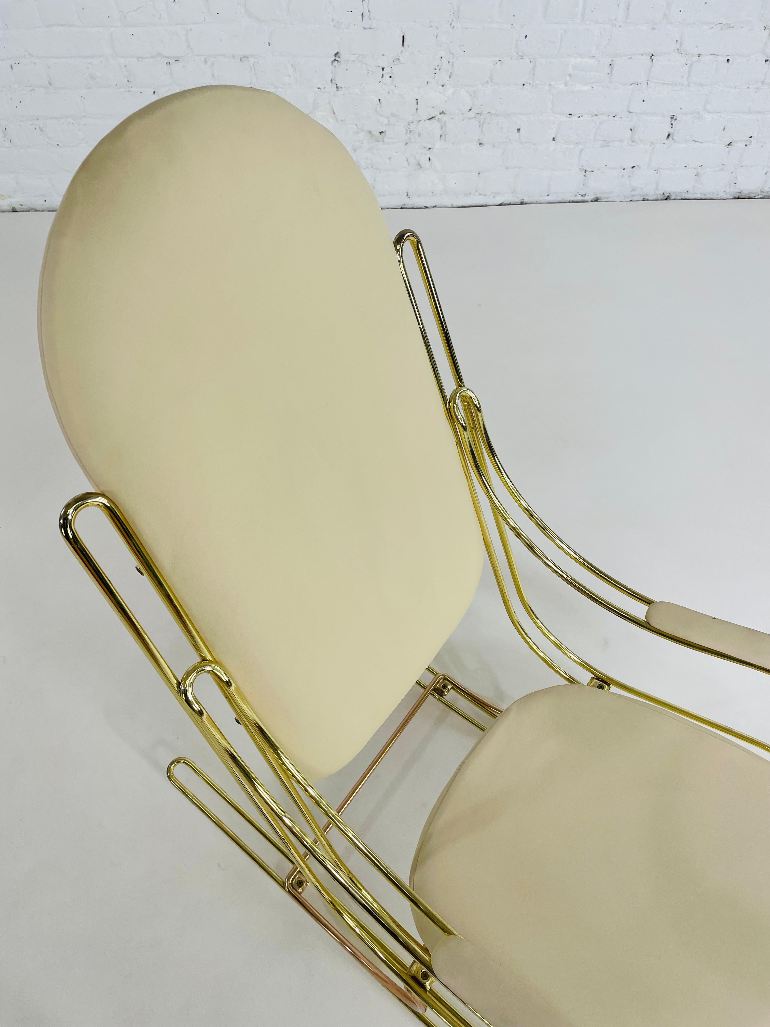 Space Age 1960s-1970s Brass And Beige Faux Leather Rocking Chair For Sale