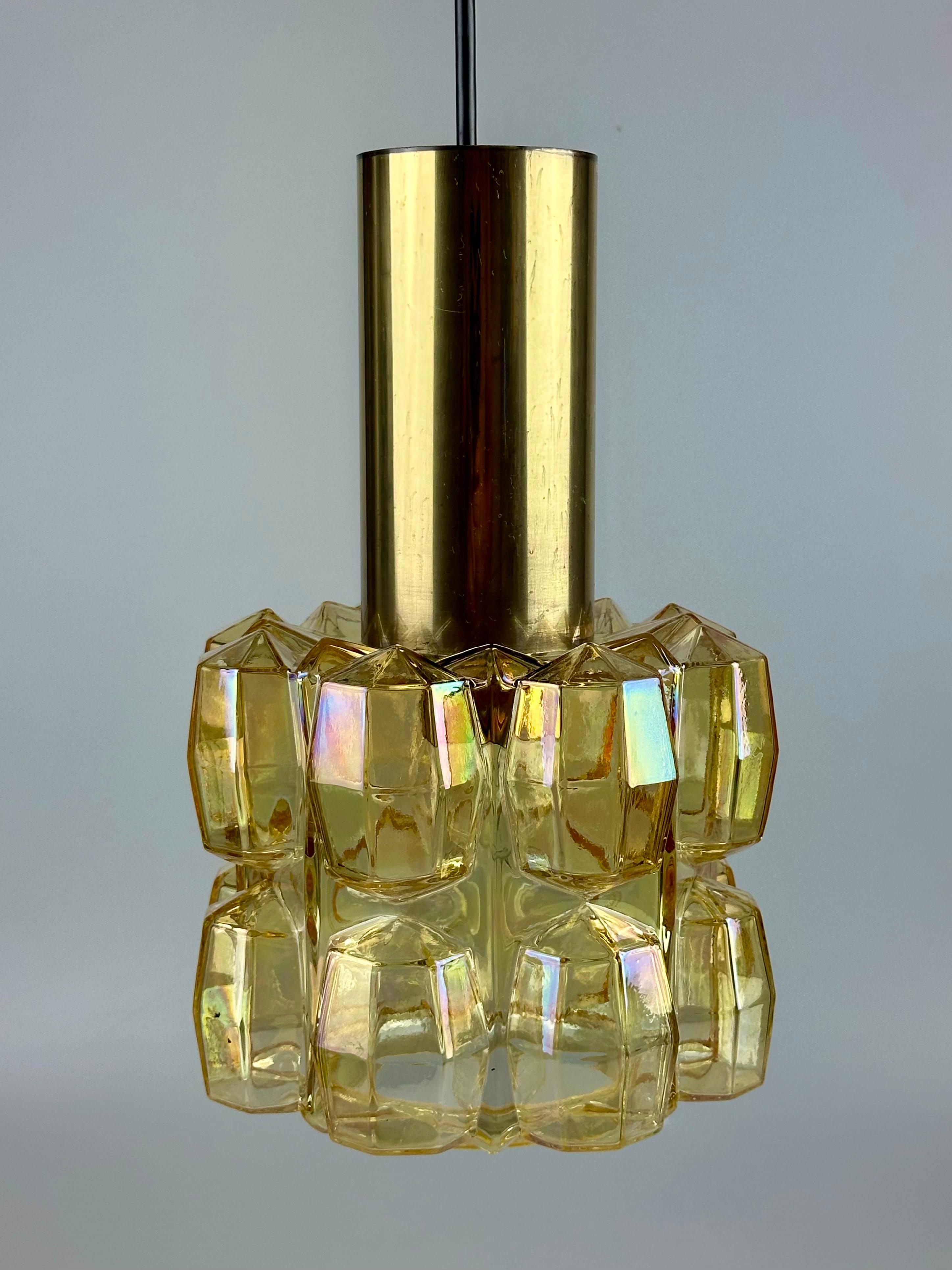 1960s 1970s Ceiling Lamp Glashütte Limburg Germany Glass & Brass Space Age In Good Condition For Sale In Neuenkirchen, NI