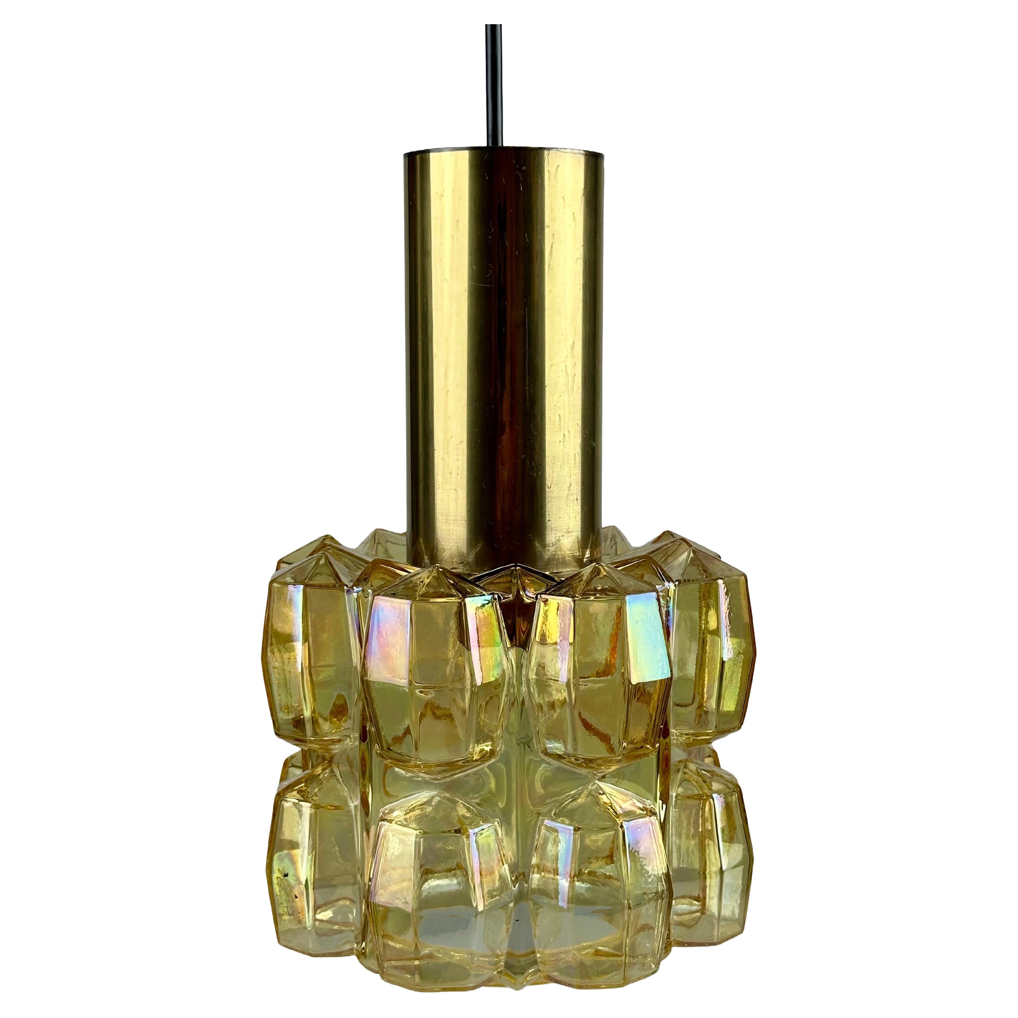 1960s 1970s Ceiling Lamp Glashütte Limburg Germany Glass & Brass Space Age For Sale
