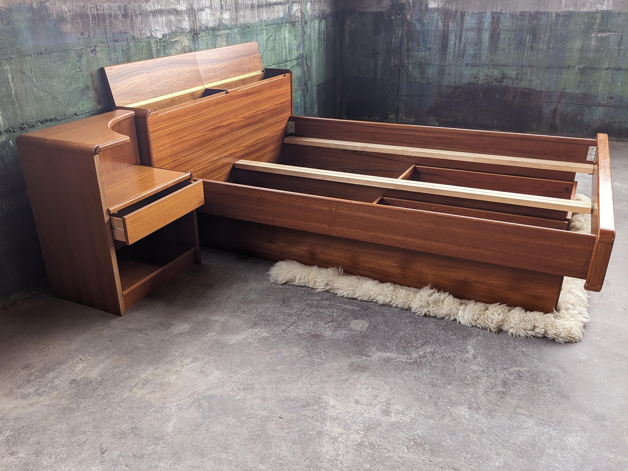 1960s 1970s Danish Modern Mid Century Teak Queen Bed With Excellent Storage In Good Condition For Sale In Madison, WI