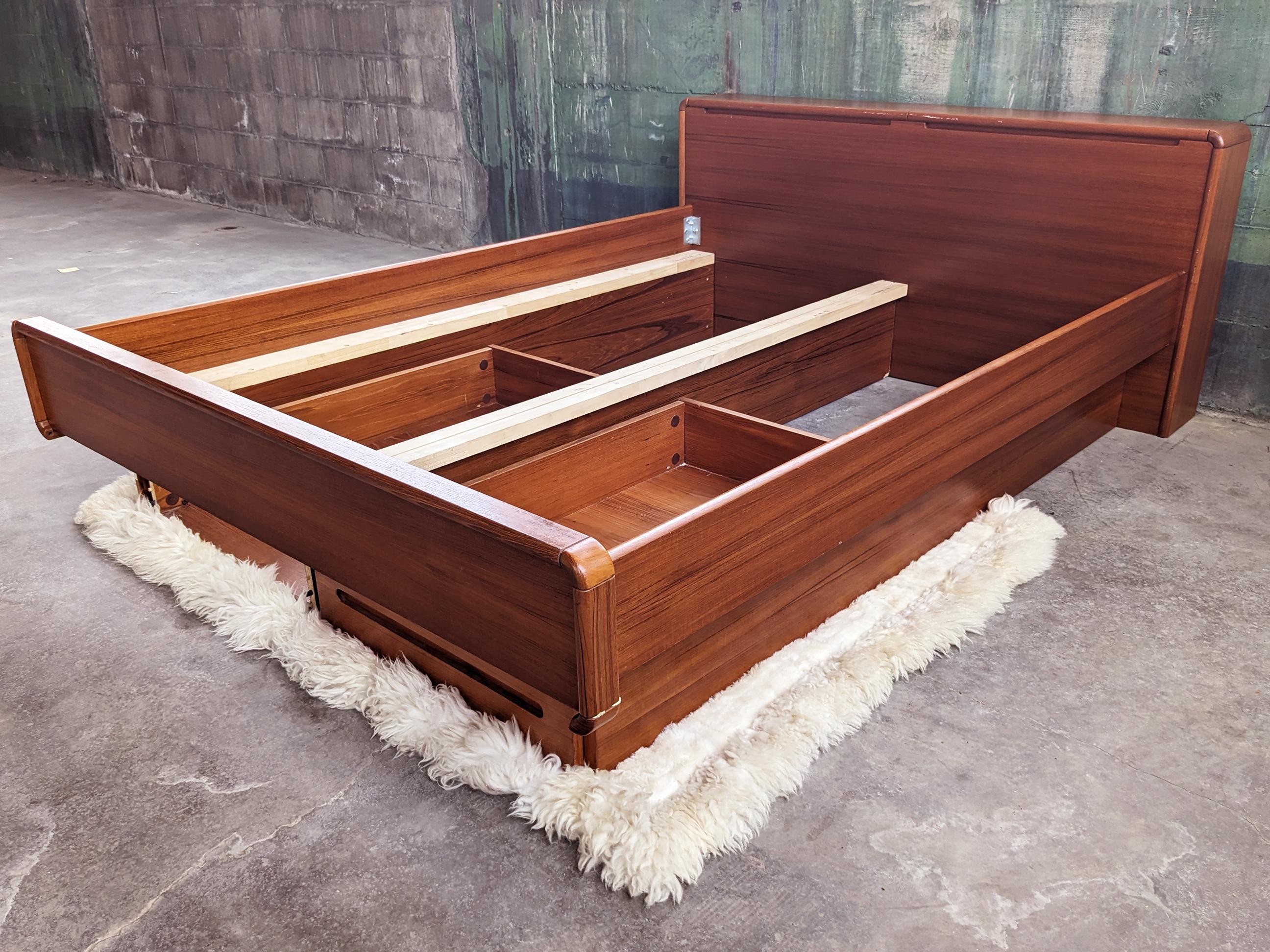 Late 20th Century 1960s 1970s Danish Modern Mid Century Teak Queen Bed With Excellent Storage For Sale