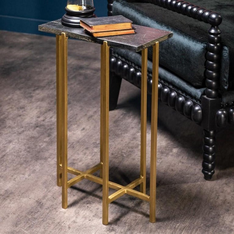 Contemporary 1960s-1970s Design Style Black Marble and Brass Pair of Side Tables For Sale