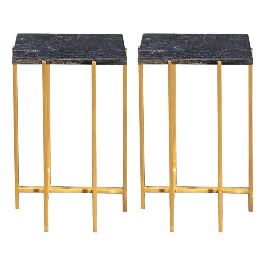 1960s-1970s Design Style Black Marble and Brass Pair of Side Tables