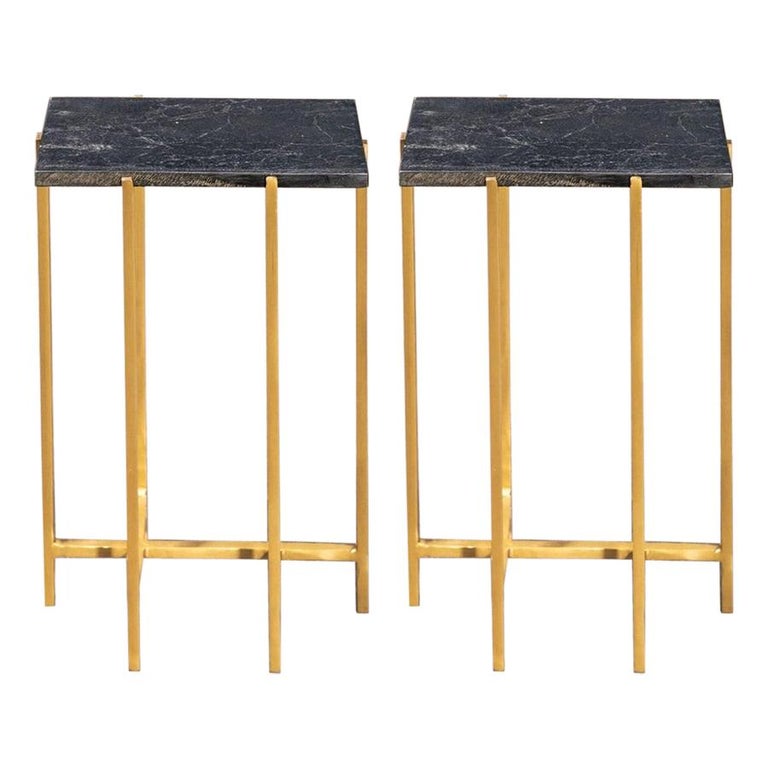 1960s-1970s Design Style Black Marble and Brass Pair of Side Tables For Sale