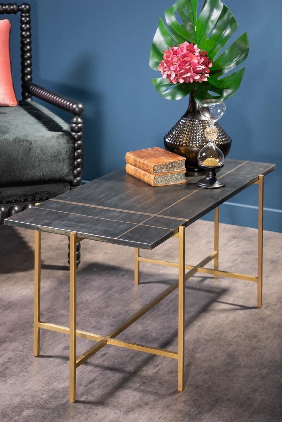 Contemporary 1960s-1970s Design Style Black Marble and Brass Rectangular Coffee Table For Sale