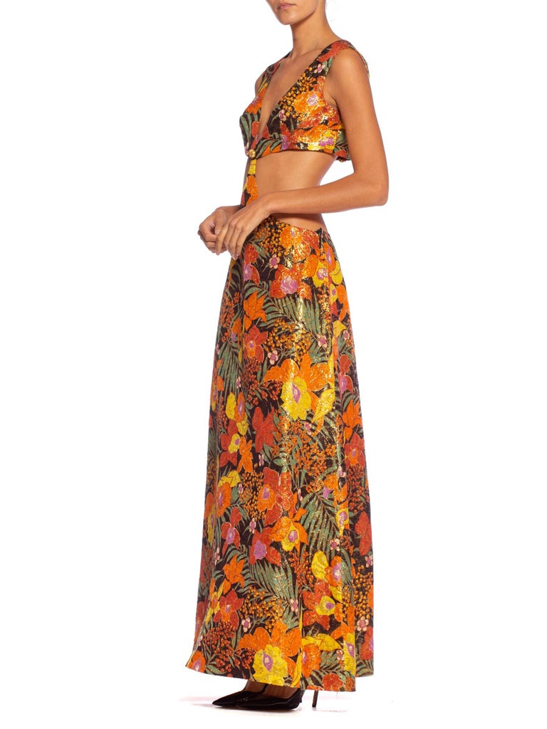 1960's 1970's Floral + Gold Lurex Bare Midriff Crop Top Dress at 1stDibs