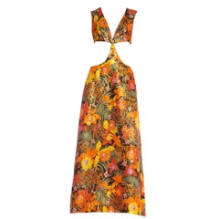 1960's 1970's Floral + Gold Lurex Bare Midriff Crop Top Dress