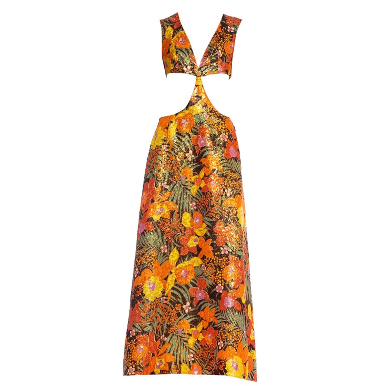 1960's 1970's Floral + Gold Lurex Bare Midriff Crop Top Dress at 1stDibs