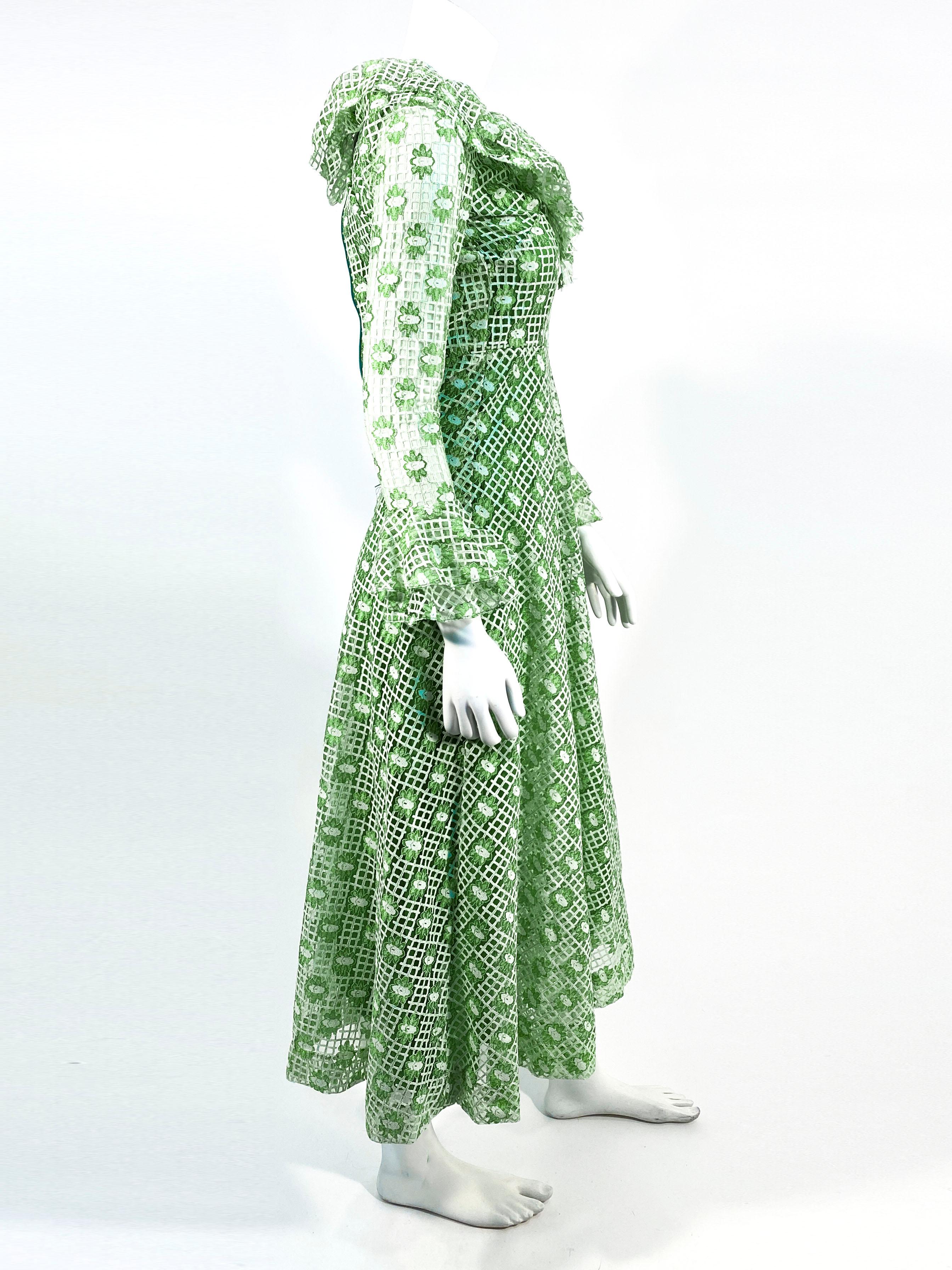 Women's 1960s/1970s I. Magnin Green Lace and Mesh Dress For Sale