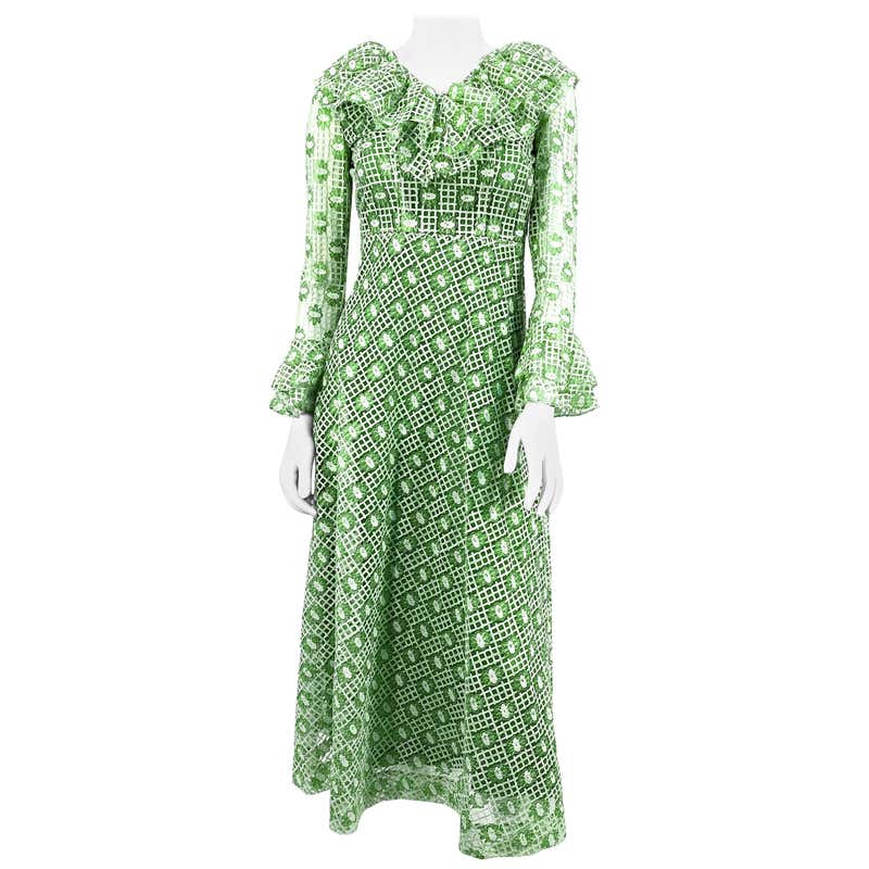 20s Trompe L'oeil Long-sleeved Moss green Chiffon Dress For Sale at ...