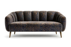 1960s–1970s Inspired Channel-Back Sofa, Textured Velvet With Brass Tapered Legs