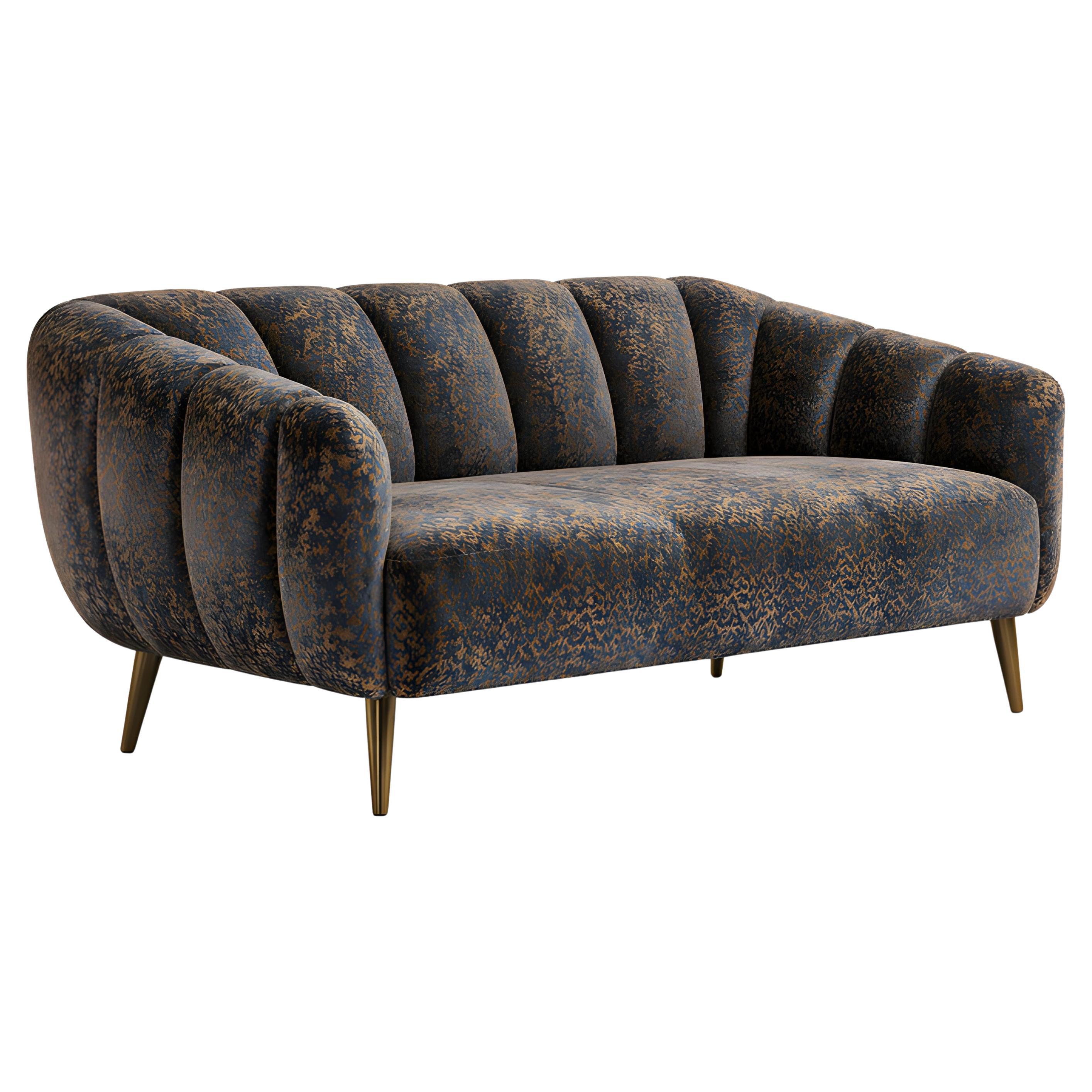1960s–1970s Inspired Channel-Back Sofa, Textured Velvet With Brass Tapered Legs
