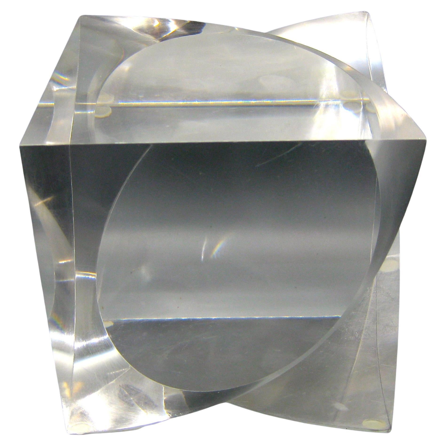 1960's-1970's Lucite Acrylic Optical Op-Art Large Cube Abstract Sculpture For Sale