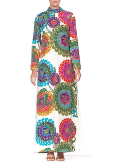 1960's 1970's Malcolm Starr Fully Lined Silk Kaftan Dress With Gold Embroidery A