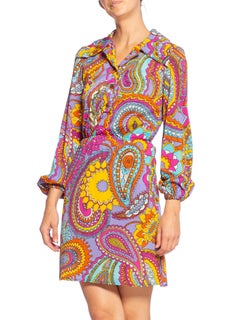 1960's 1970's Mod Paisley & Star Print Go-Go Dress