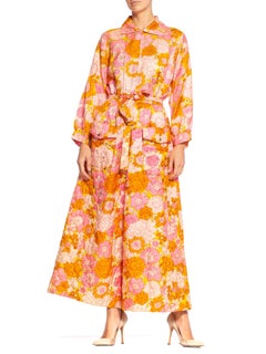 1960S Pink & Orange Quilted Floral Hostess Lounging Jumpsuit