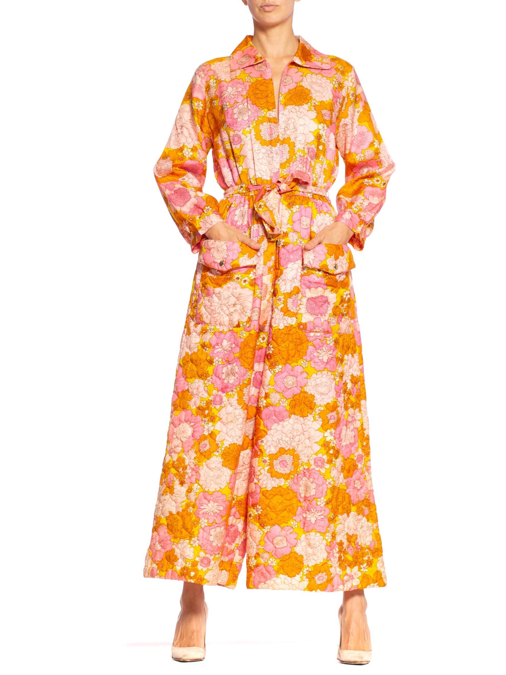 1960S Pink & Orange Quilted Floral Hostess Lounging Jumpsuit 1