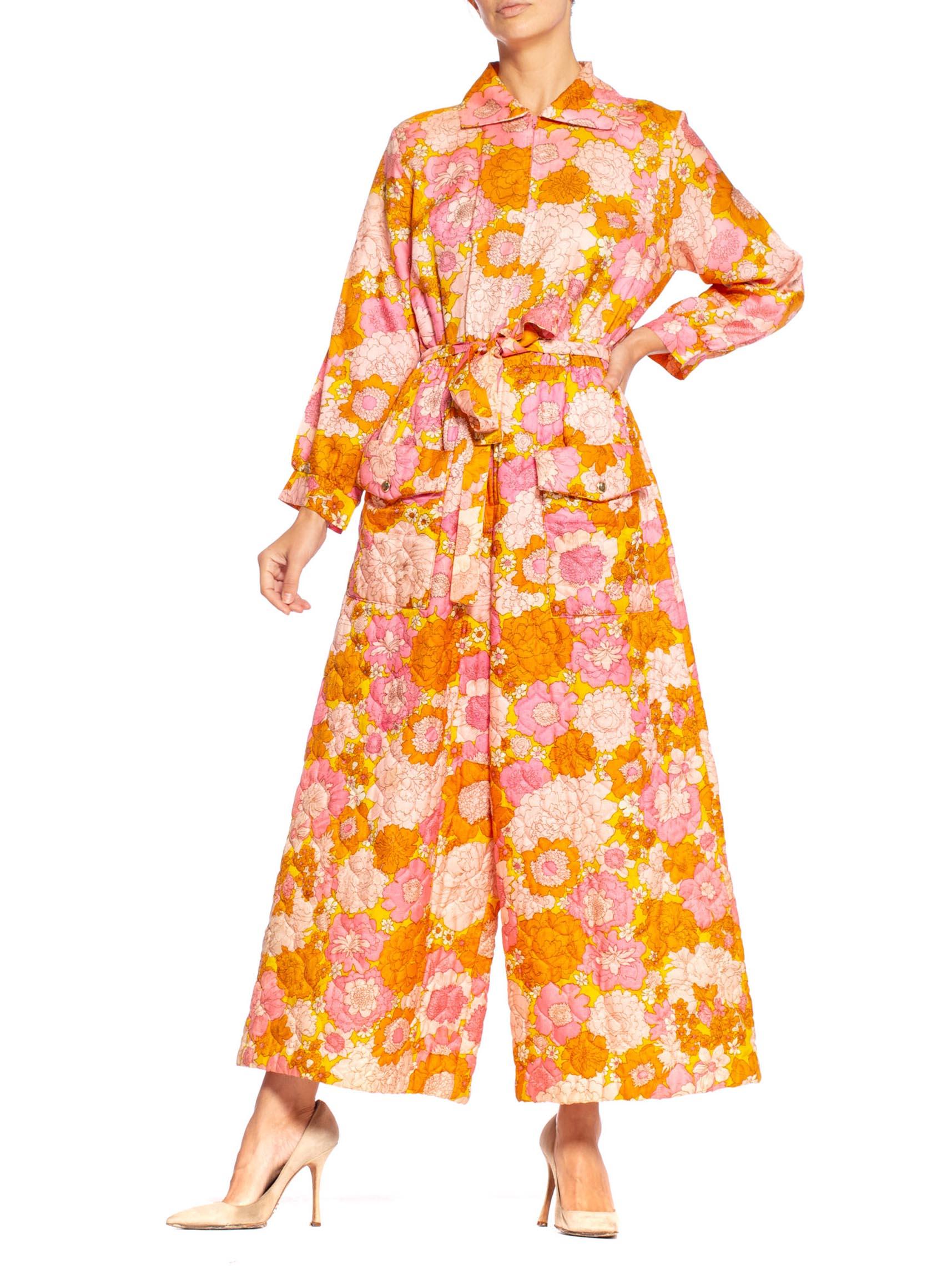 1960S Pink & Orange Quilted Floral Hostess Lounging Jumpsuit 2