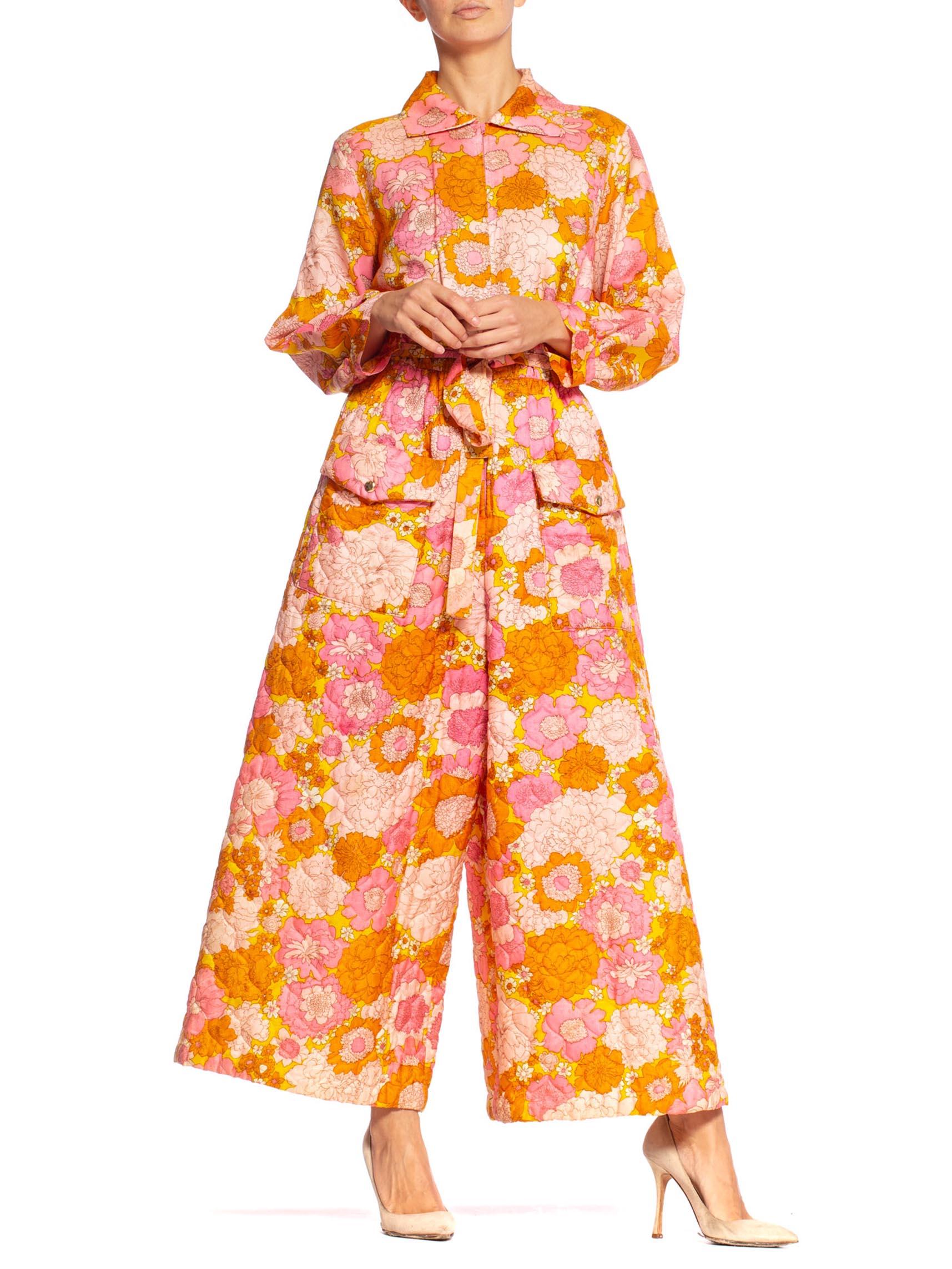 1960S Pink & Orange Quilted Floral Hostess Lounging Jumpsuit 4