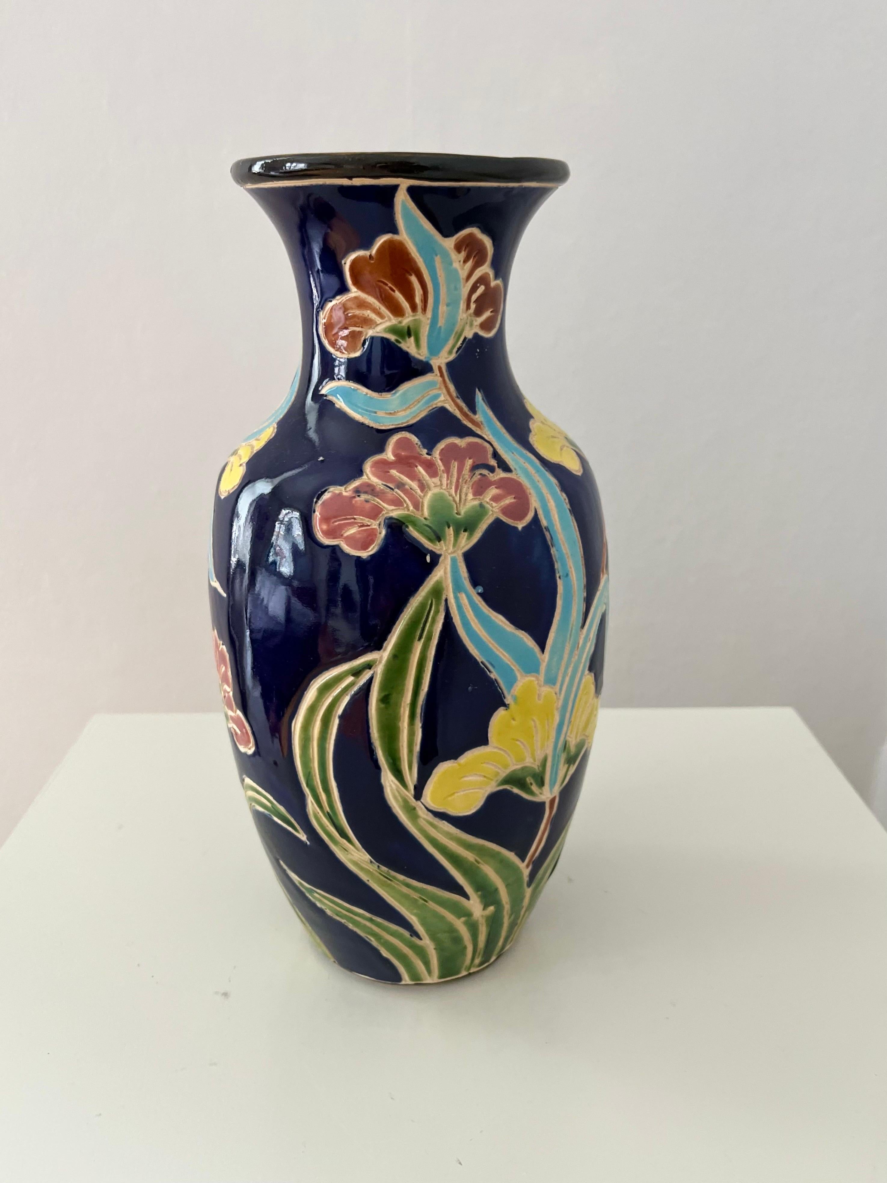 1960s/1970s Scandinavian Organic Modern Ceramic Vase with Colorful Floral Motifs

Stunning decorative ceramic vase from the 1960s/1970s. Adorned with intricate sgraffito/graved decorations featuring colorful floral motifs, this vase is a testament