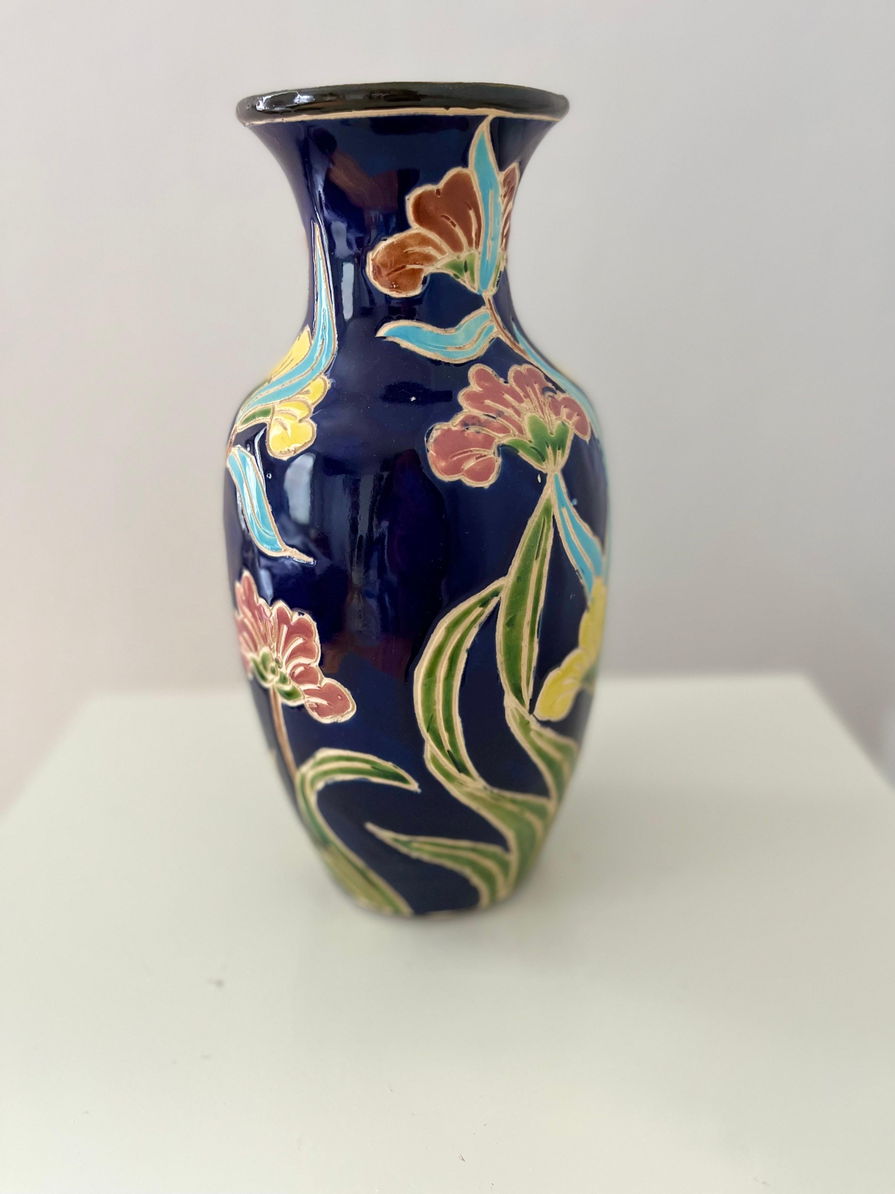 Engraved 1960s/1970s Scandinavian Organic Modern Ceramic Vase with Colorful Floral Motifs For Sale