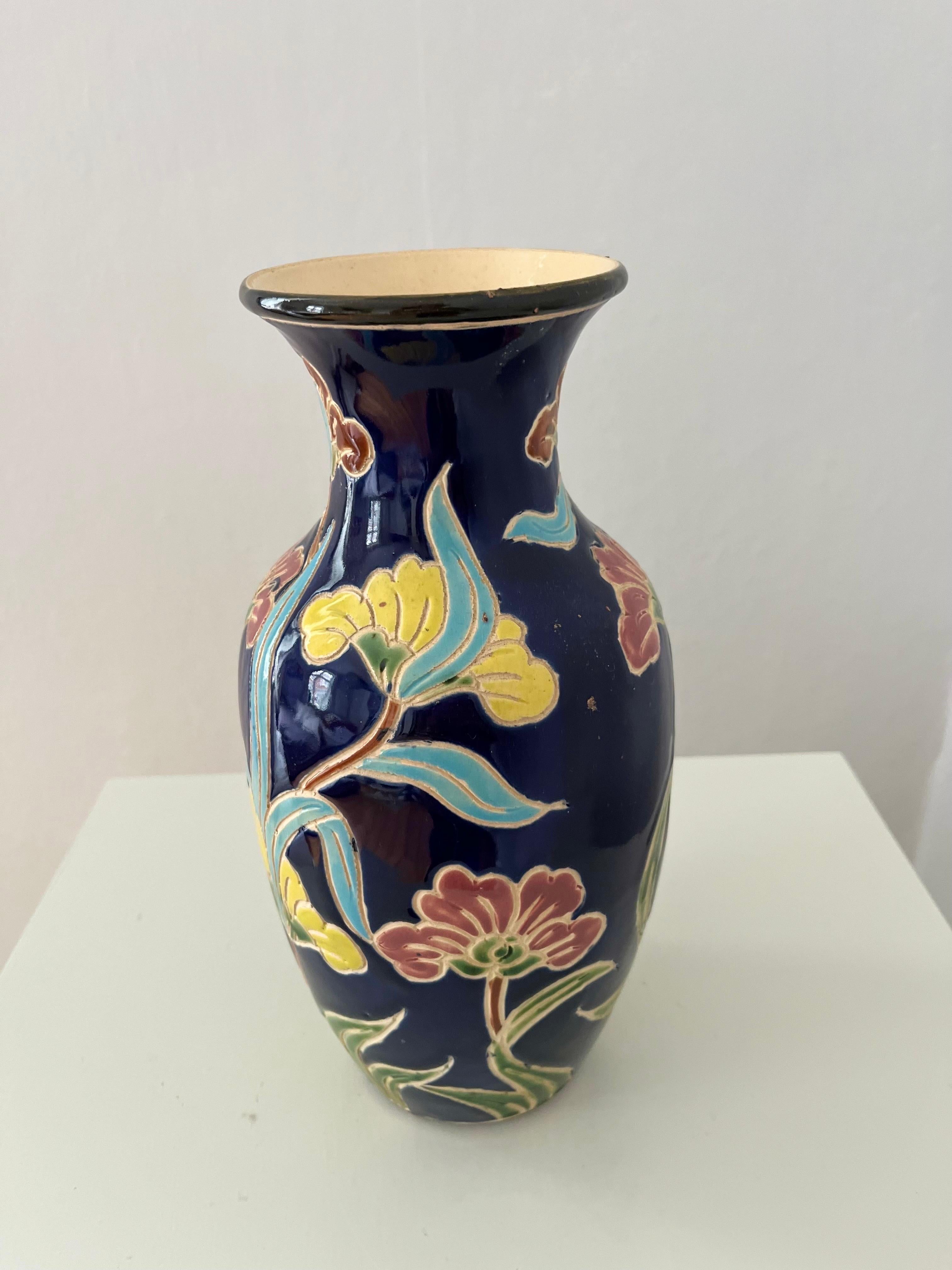 Mid-20th Century 1960s/1970s Scandinavian Organic Modern Ceramic Vase with Colorful Floral Motifs For Sale