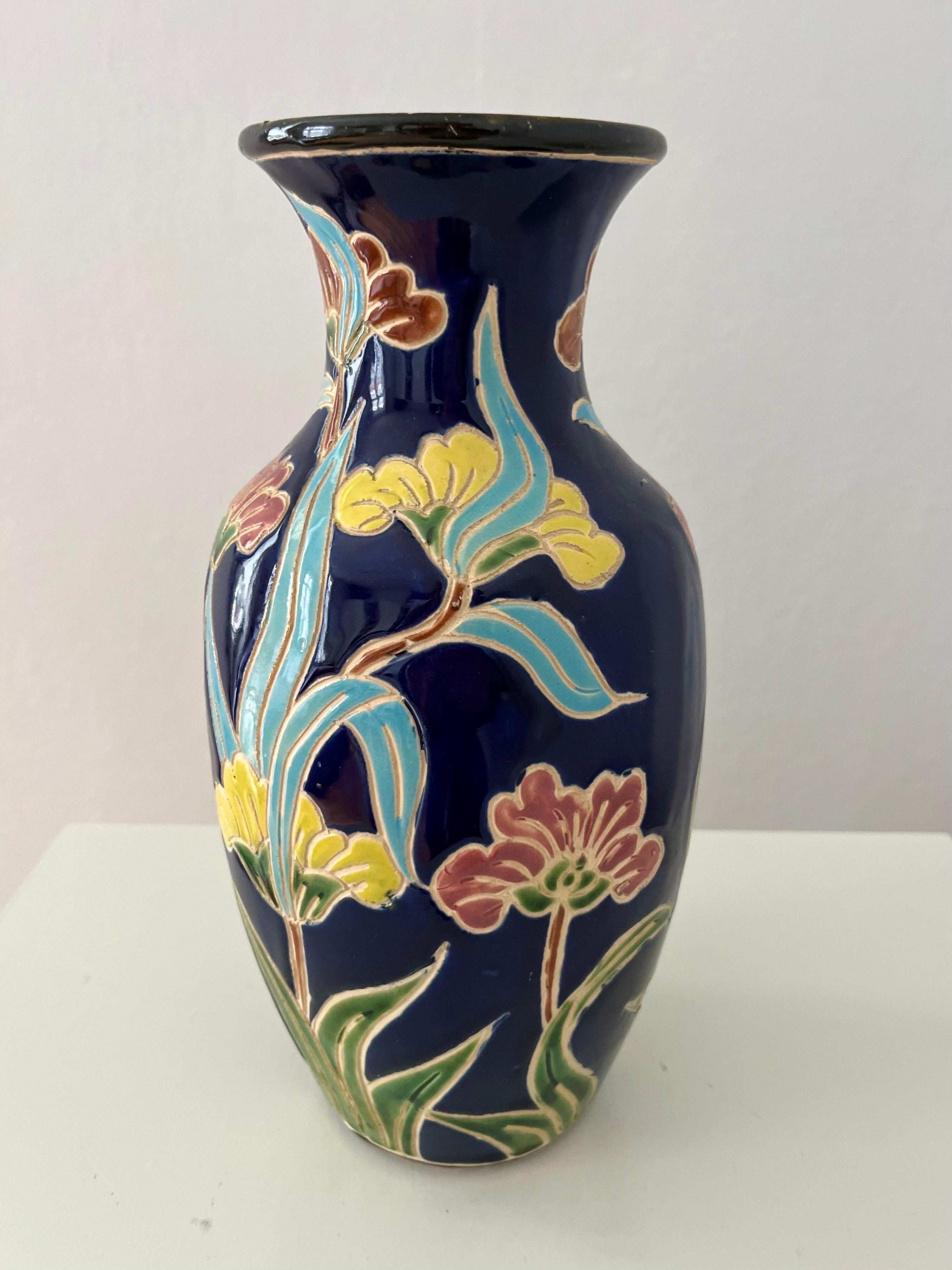 1960s/1970s Scandinavian Organic Modern Ceramic Vase with Colorful Floral Motifs For Sale 1