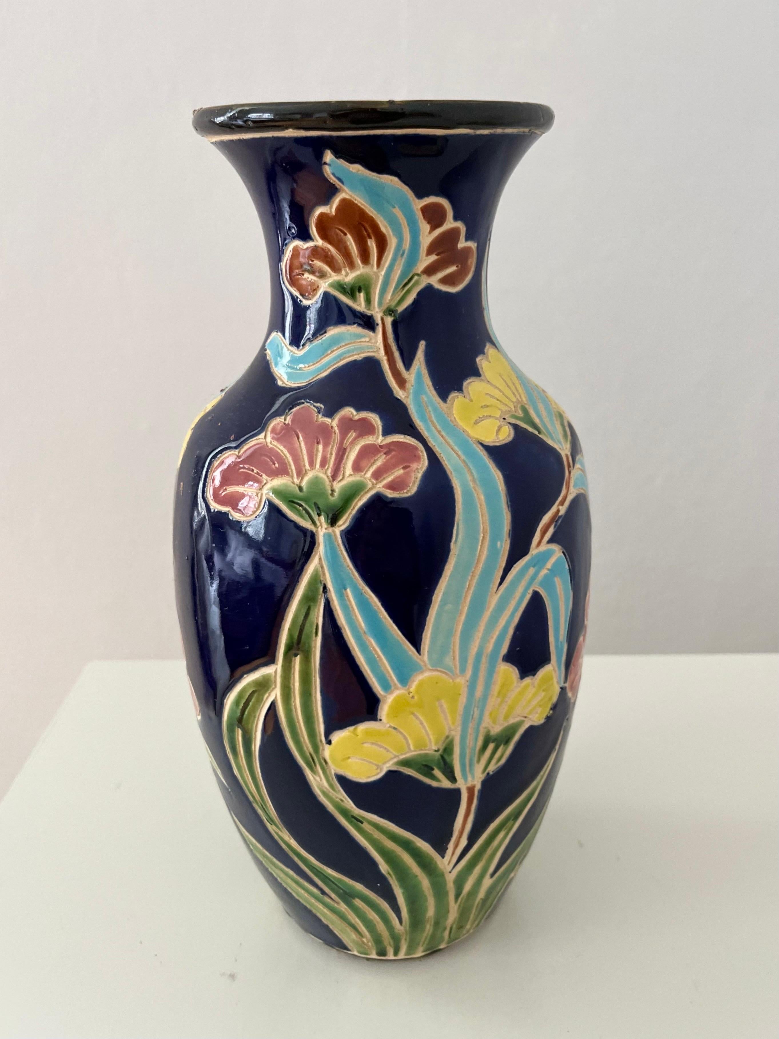 1960s/1970s Scandinavian Organic Modern Ceramic Vase with Colorful Floral Motifs For Sale 2