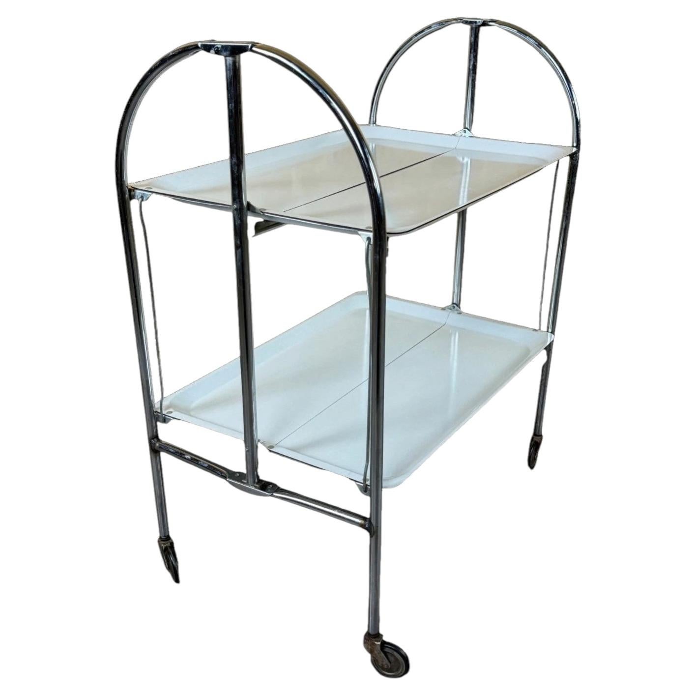 1960s 1970s Serving Cart Dinette Side Table Space Age Design Chrome White For Sale