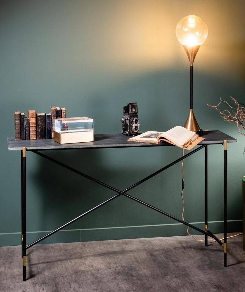1960s-1970s Style Black Marble Black Lacquered Metal and Brass Console Table For Sale 1